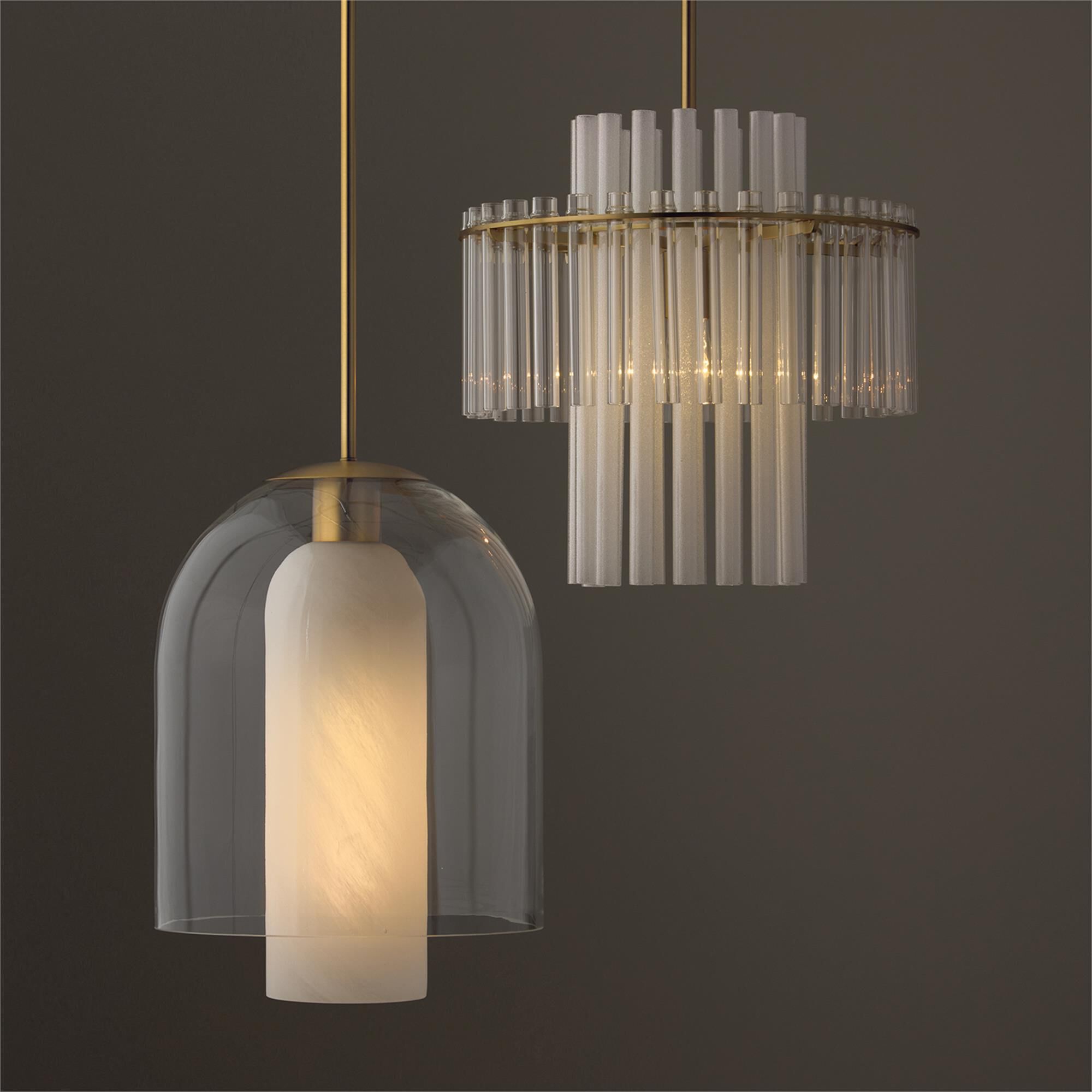Shown in Aged Brass finish and Clear and Faux Alabaster glass