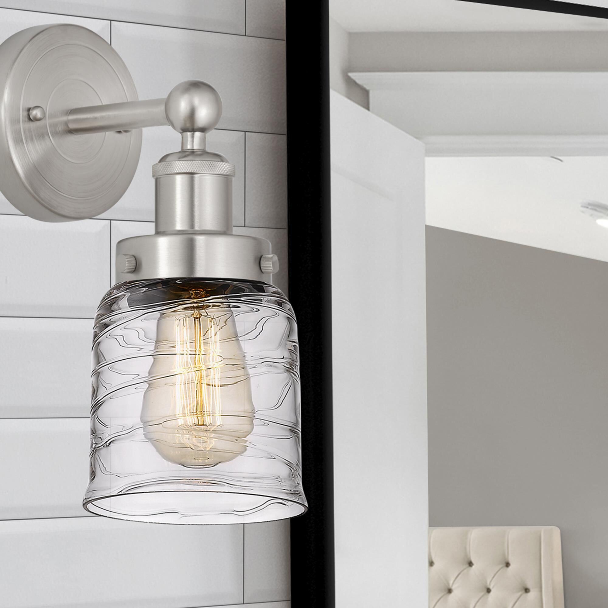 Shown in Brushed Satin Nickel  finish and Deco Swirl shade