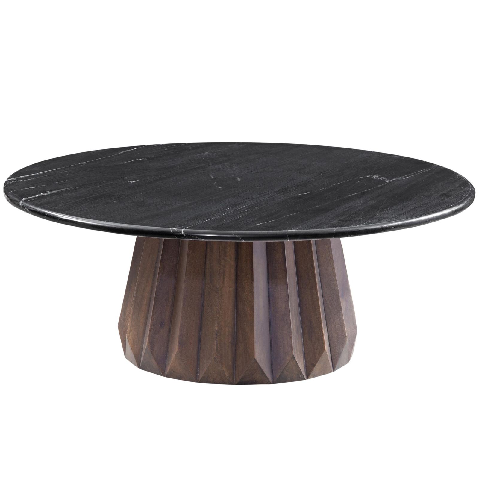 Round black marble coffee table top on a dark wood base.