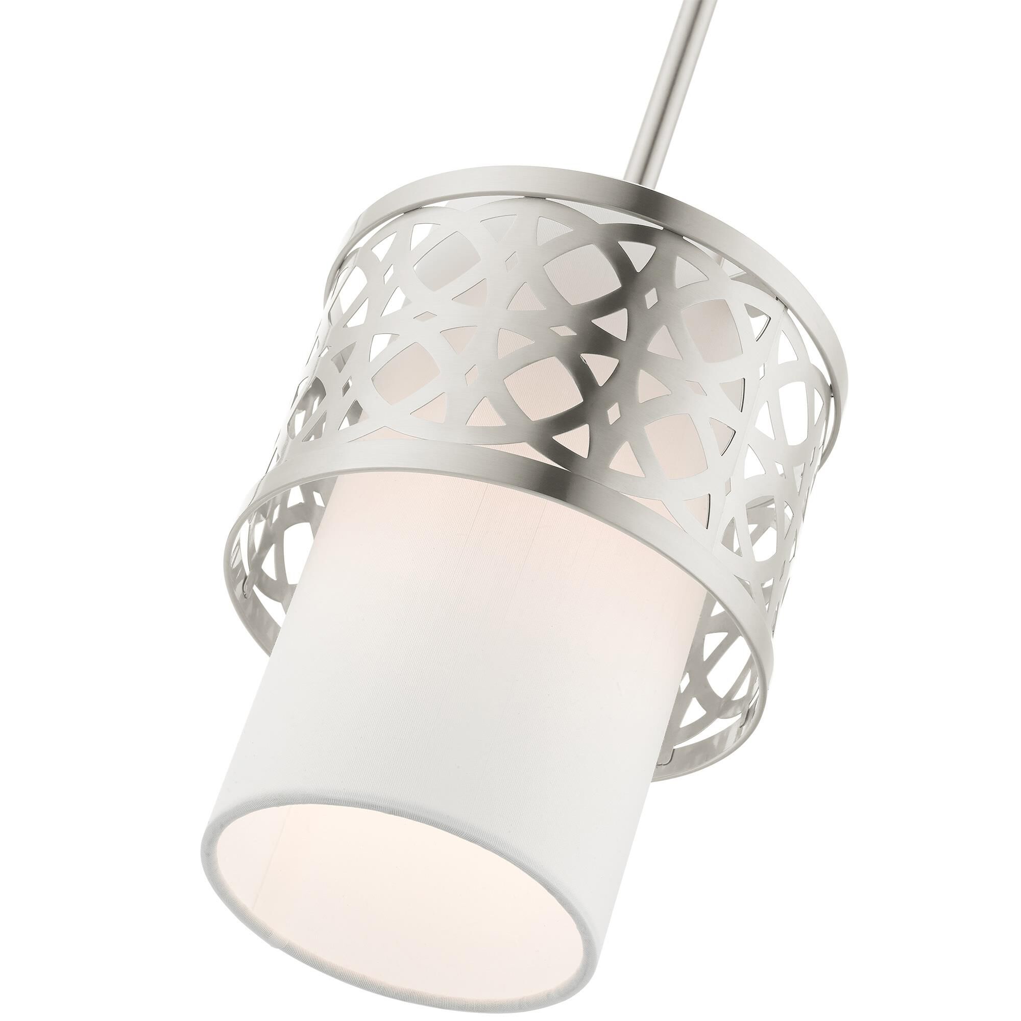 Shown in Brushed Nickel finish and Hand Crafted Hardback  Completely Finished With Off-White Color Fabric Outside and Inside shade