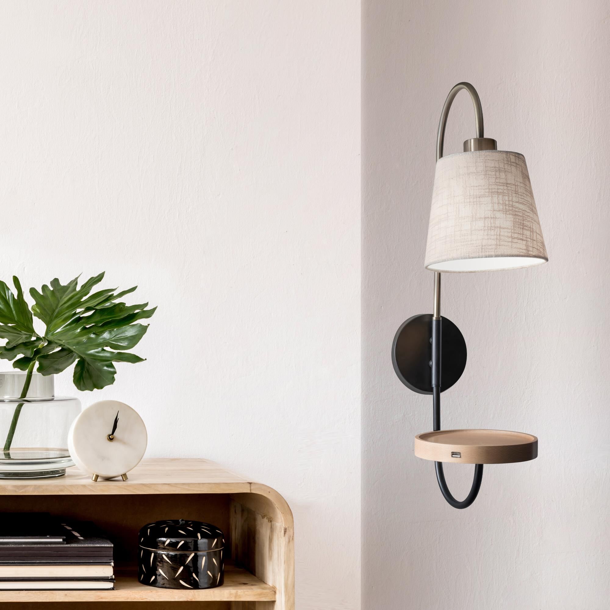 Shown in Black/Antique Brass finish and Textured Off-White Linen shade