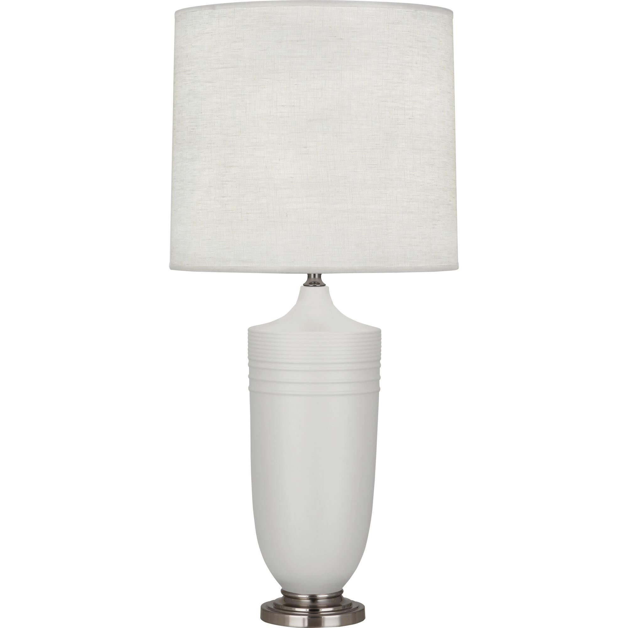 Shown in Matte Dove Glazed Ceramic With Dark Antique Nickel Accents finish and Oyster Linen shade