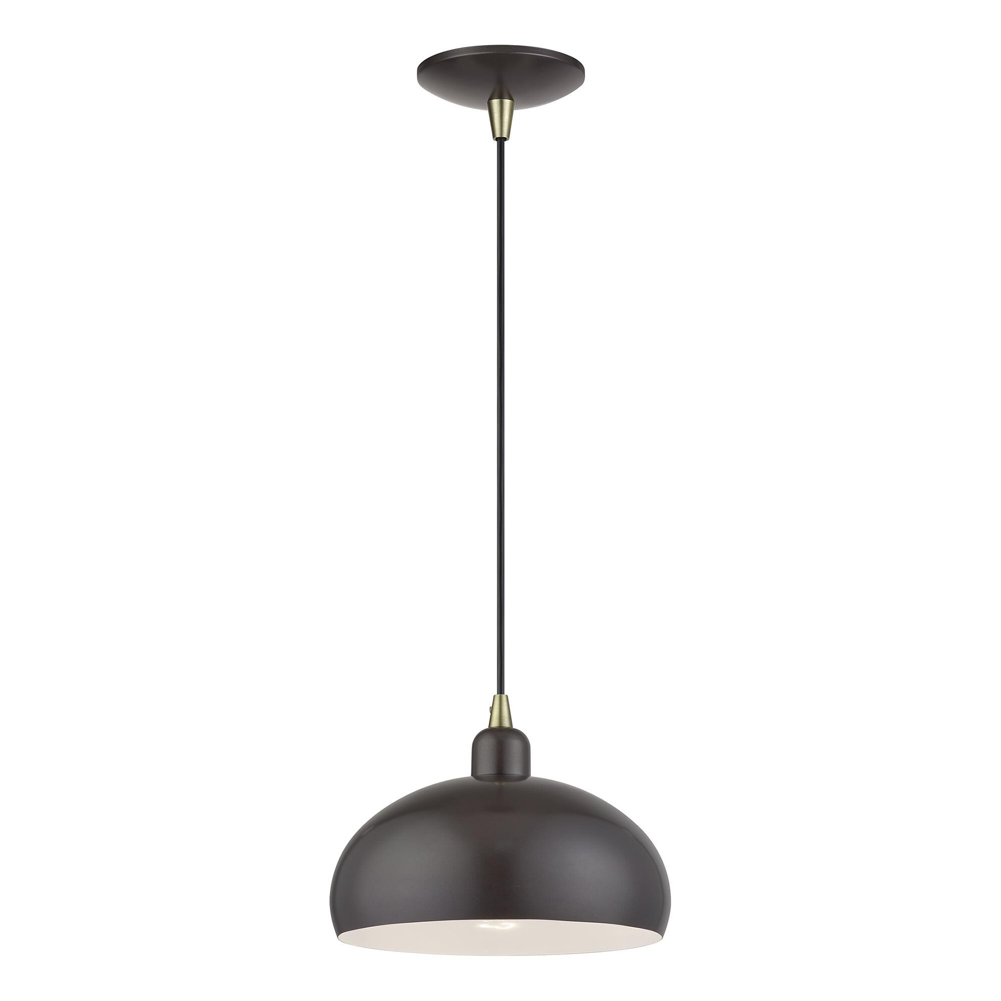 Shown in English Bronze with Antique Brass Accents finish and English Bronze Steel with Shiny White Inside shade