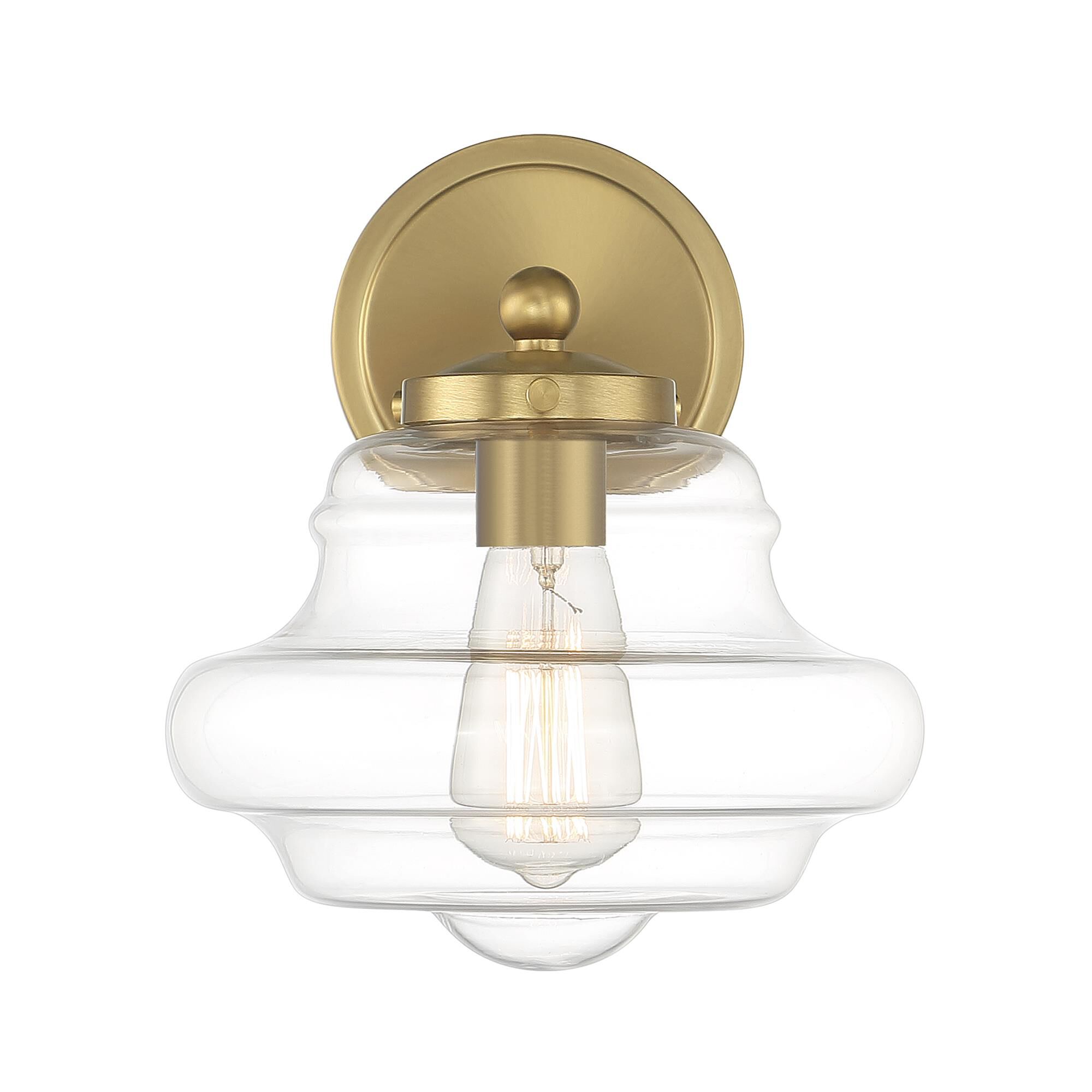Shown in Natural Brass finish and Clear glass and Glass shade