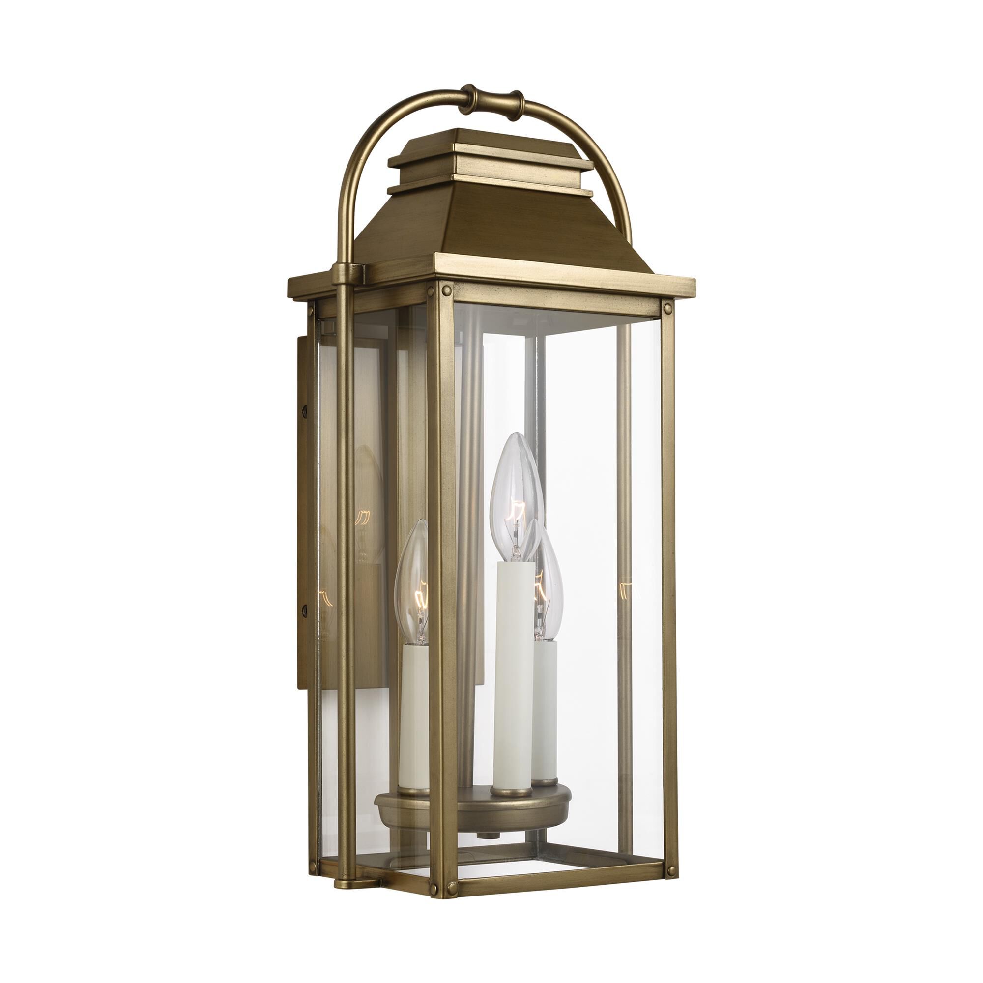 Shown in Painted Distressed Brass finish and Clear Panels glass
