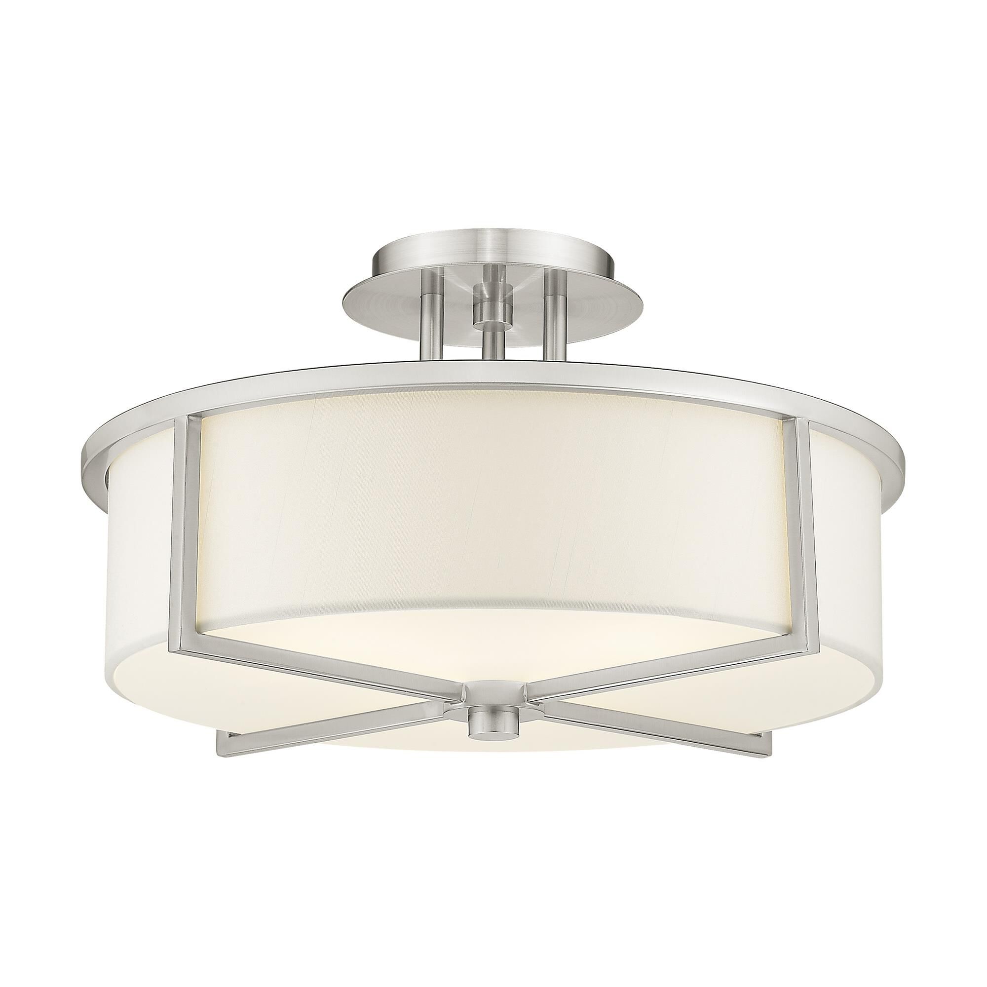 Shown in Brushed Nickel finish and Hand Crafted Off-White Fabric Hardback shade