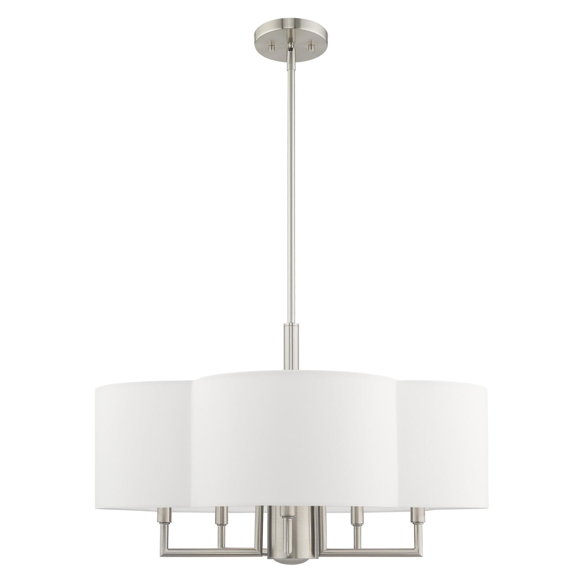 Shown in Brushed Nickel finish and Hand Crafted Off-White Fabric Hardback shade