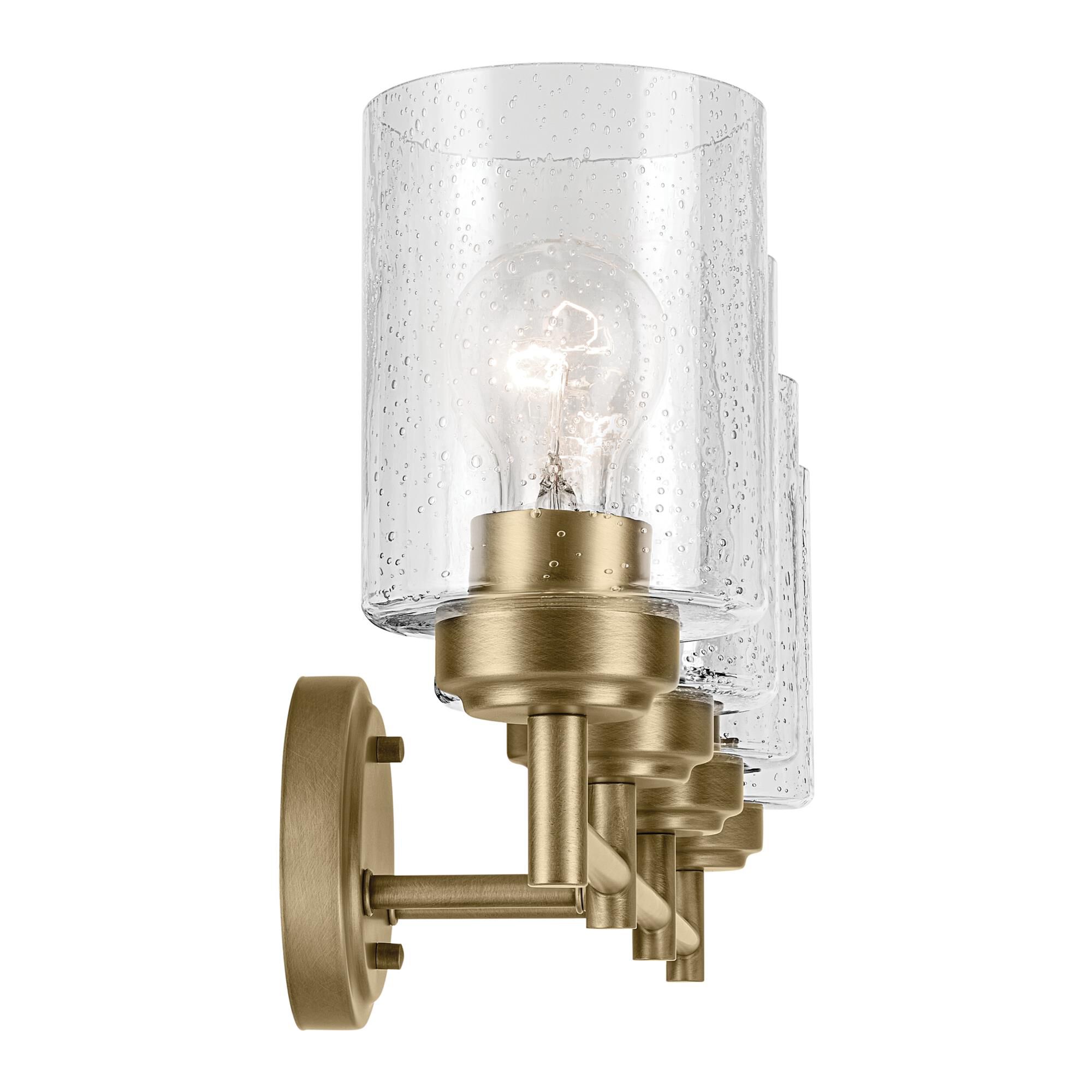 Shown in Natural Brass finish and Clear Seeded glass