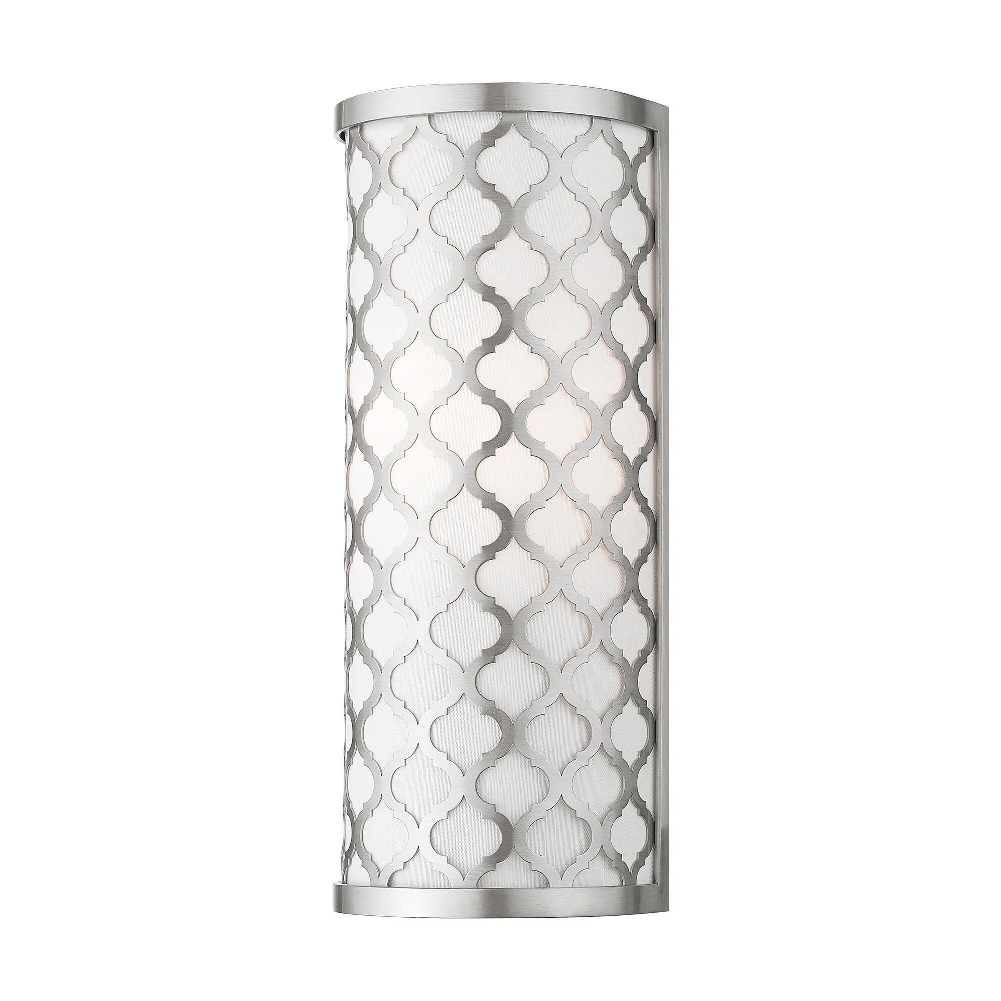 Shown in Brushed Nickel finish and Hand Crafted Off-White Fabric Outside & White Fabric Inside Hardback shade