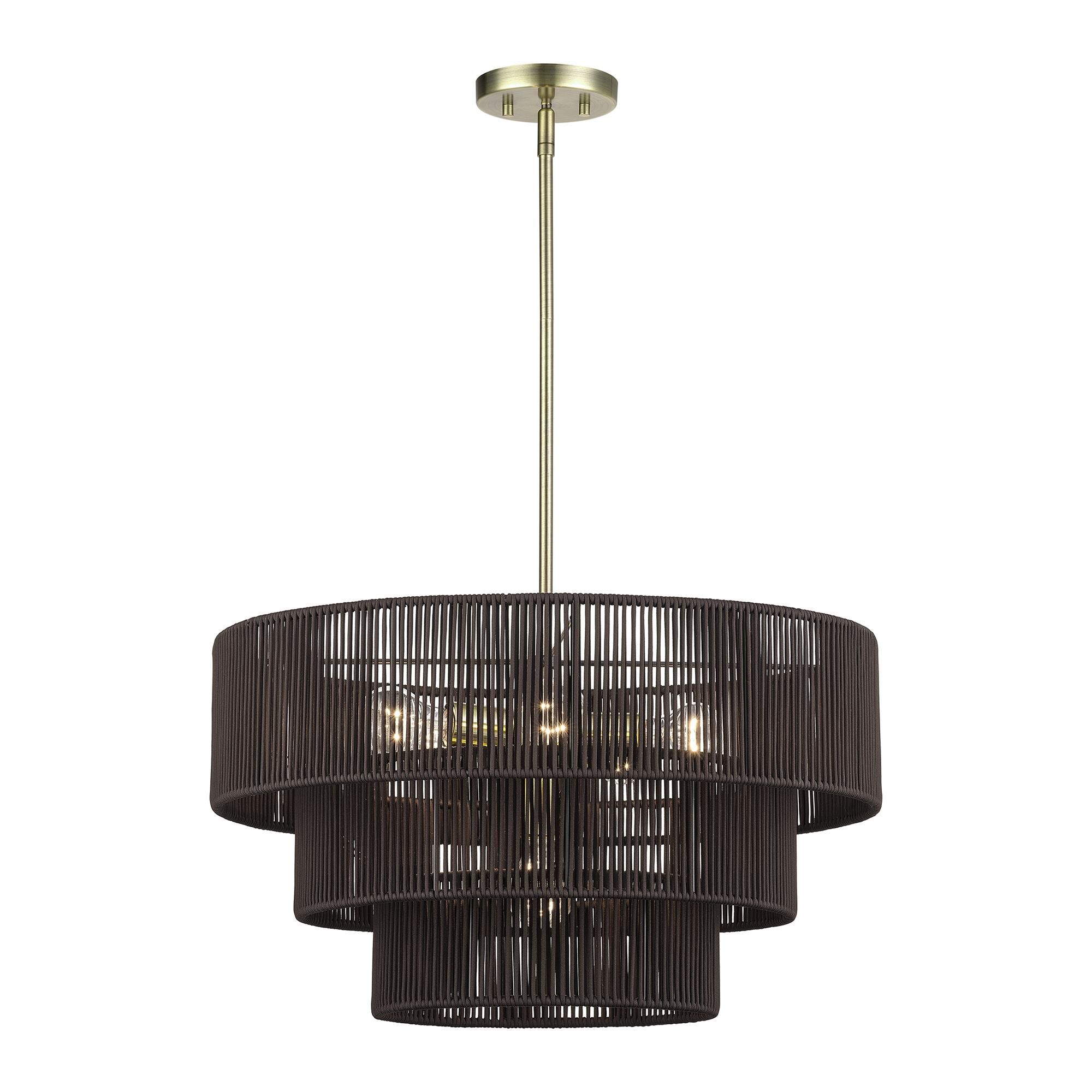 Shown in Antique Brass finish and Hand-Woven Dark Chocolate Color Polyester Rope shade