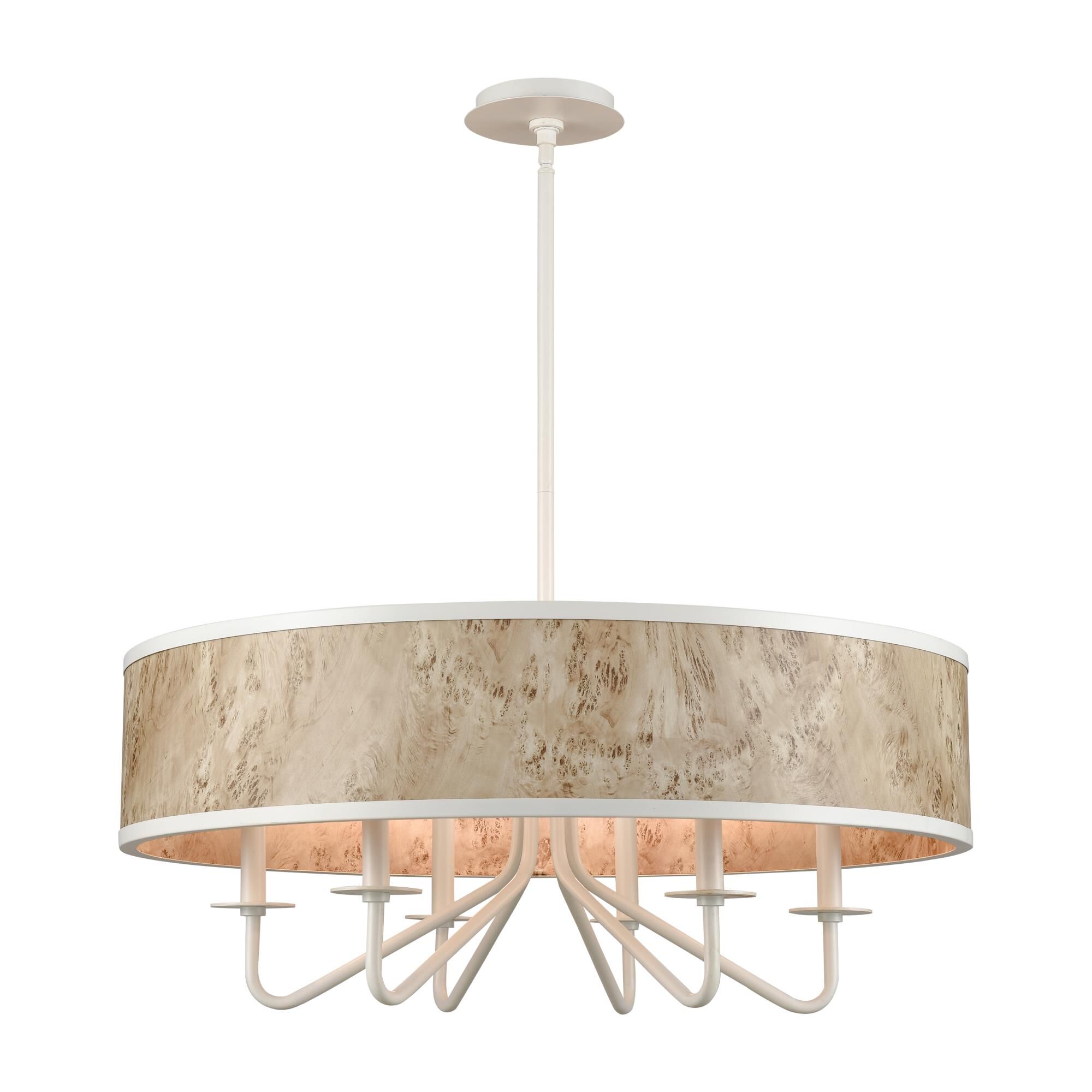Shown in Matte White finish and Printed Bleached Burlwood Metal Shade glass and Printed Bleached Burlwood Metal shade