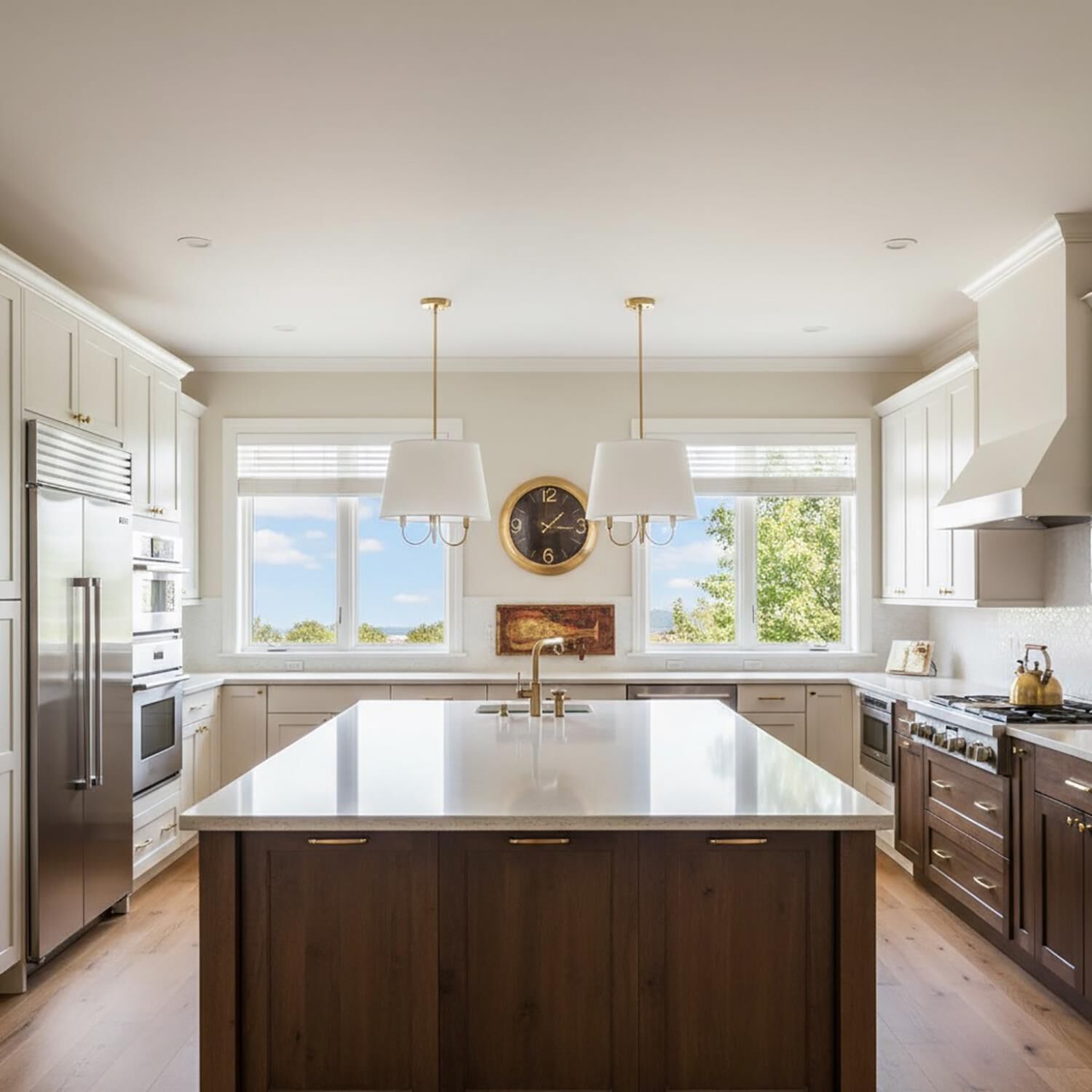 Shown in Brushed Gold finish and White Linen shade