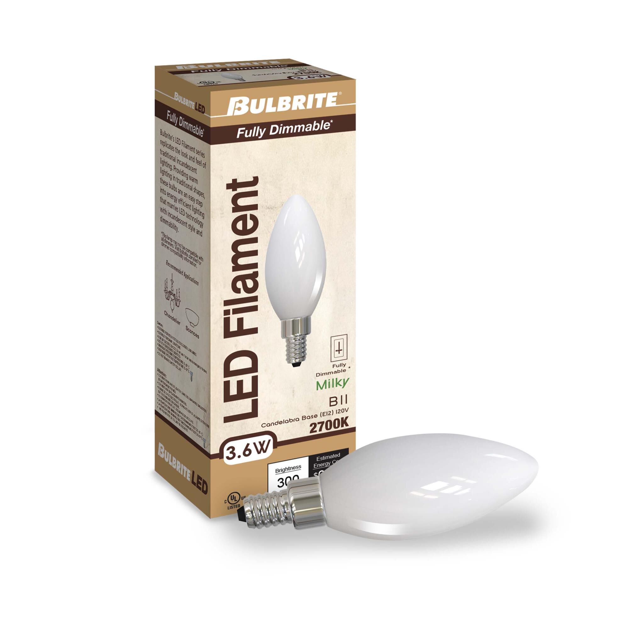 Shown in Milky finish and Candelabra Base E12 B11 2700K LED glass