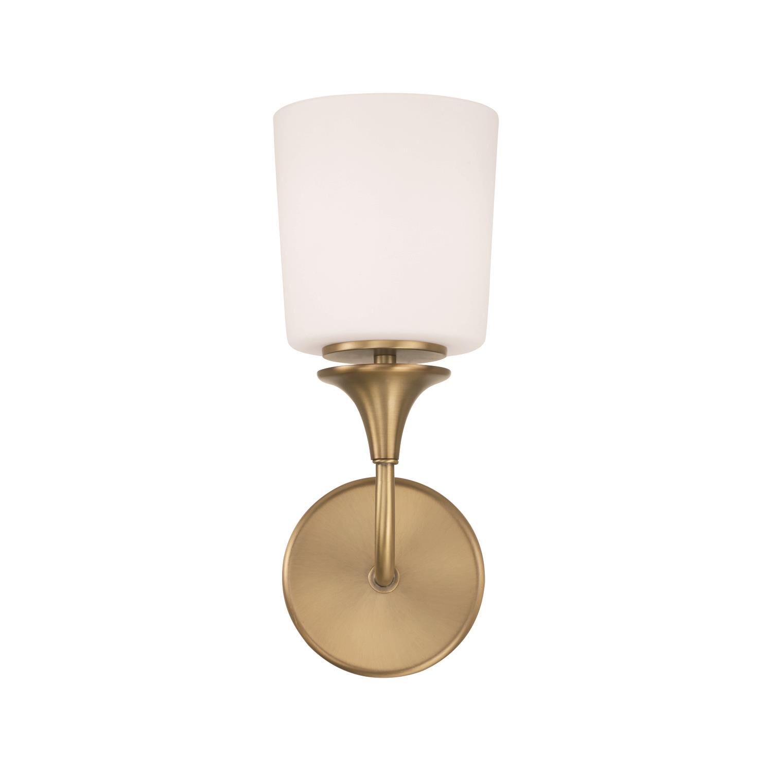 Shown in Aged Brass finish and Soft White glass