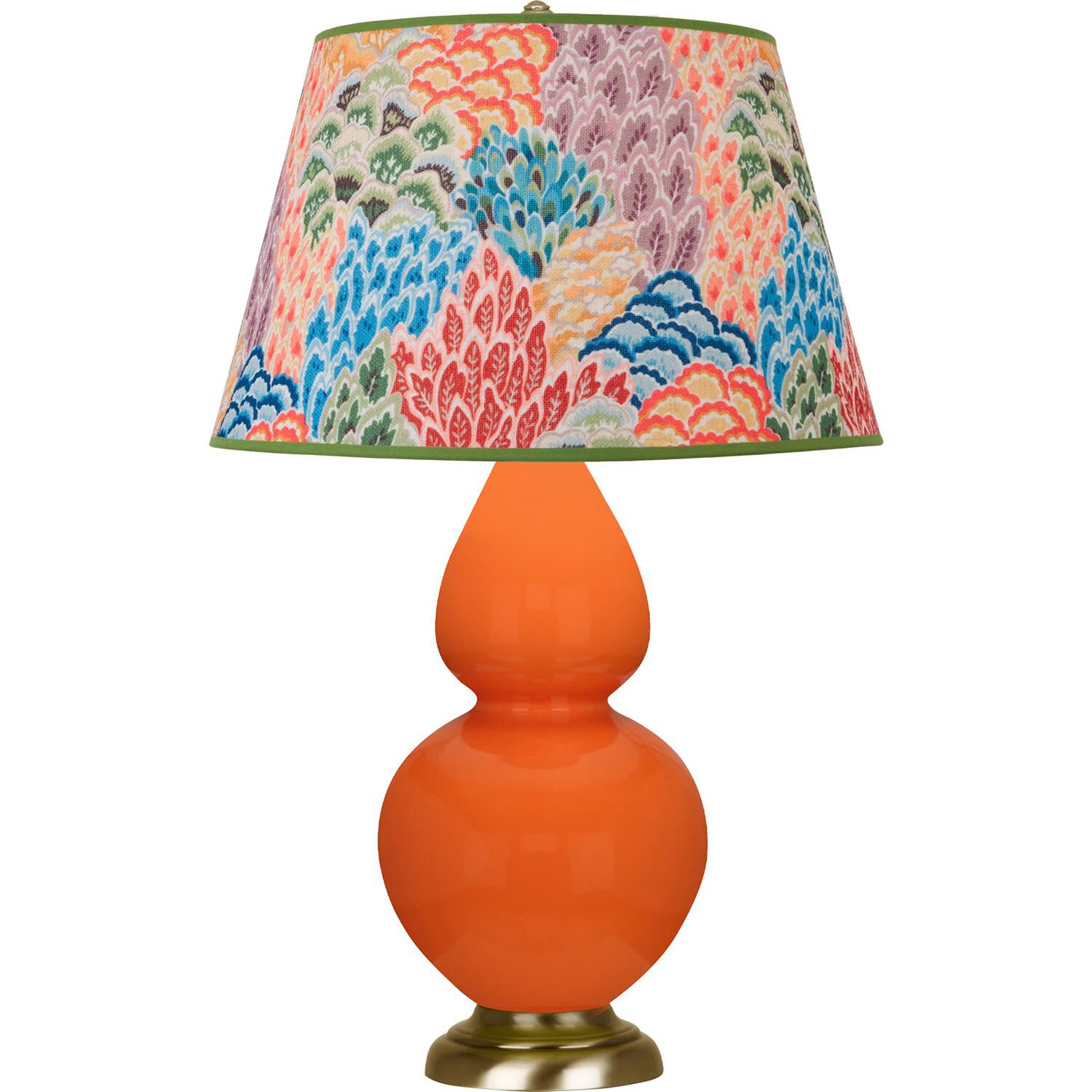 Shown in Pumpkin finish and Multicolor shade and Antique Natural Brass accent