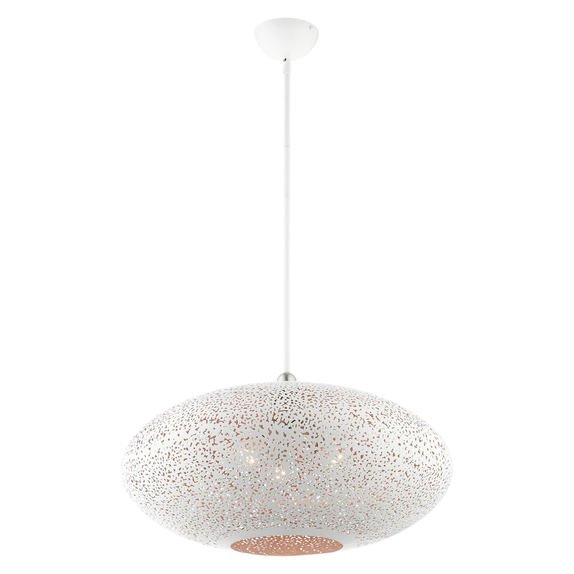 Shown in White With Brushed Nickel Accents finish and White Filigreed Metal Shade With Gold Finish Inside glass and White Filigreed Metal  With Gold Finish Inside shade