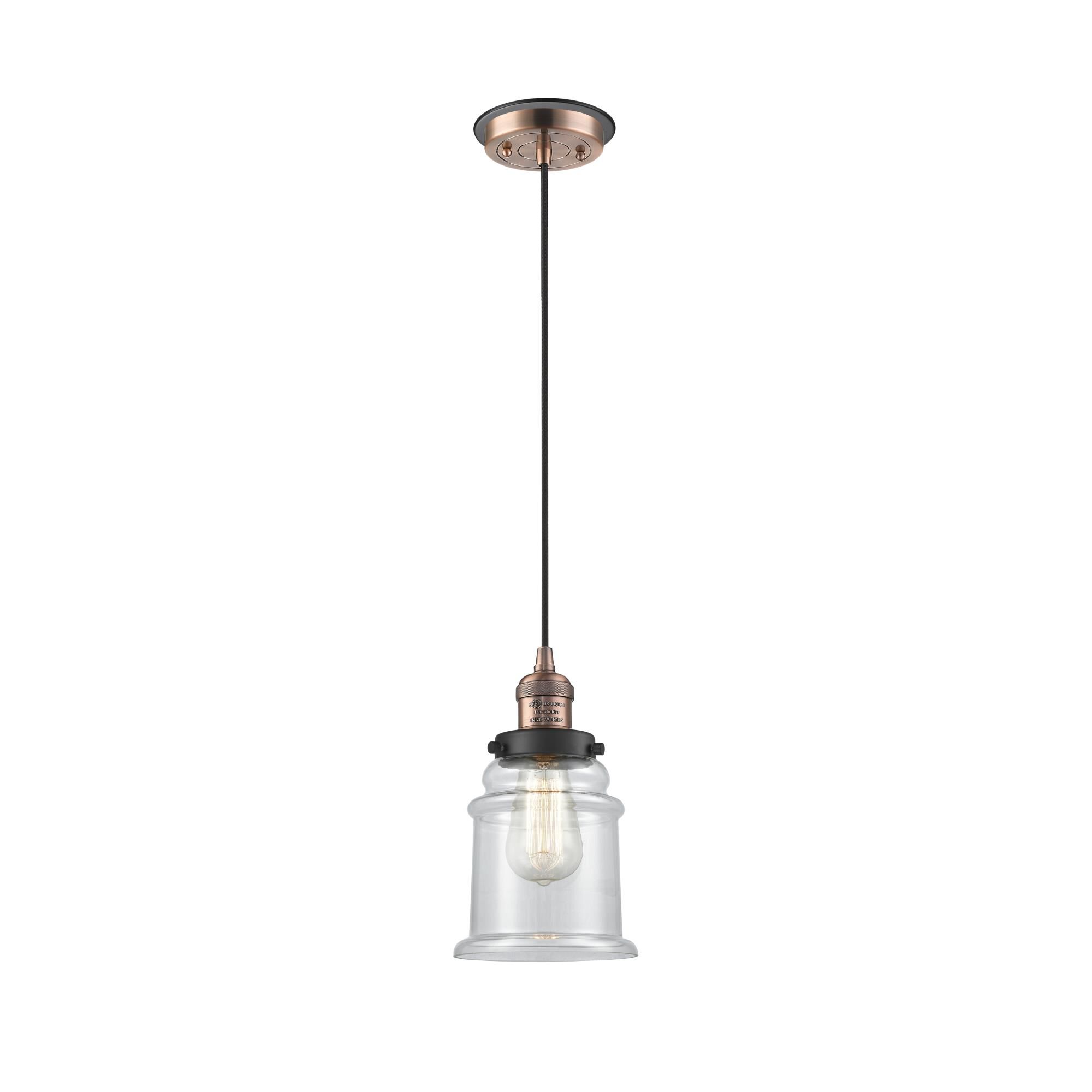 Shown in Antique Copper finish and Clear Canton glass and Matte Black accent