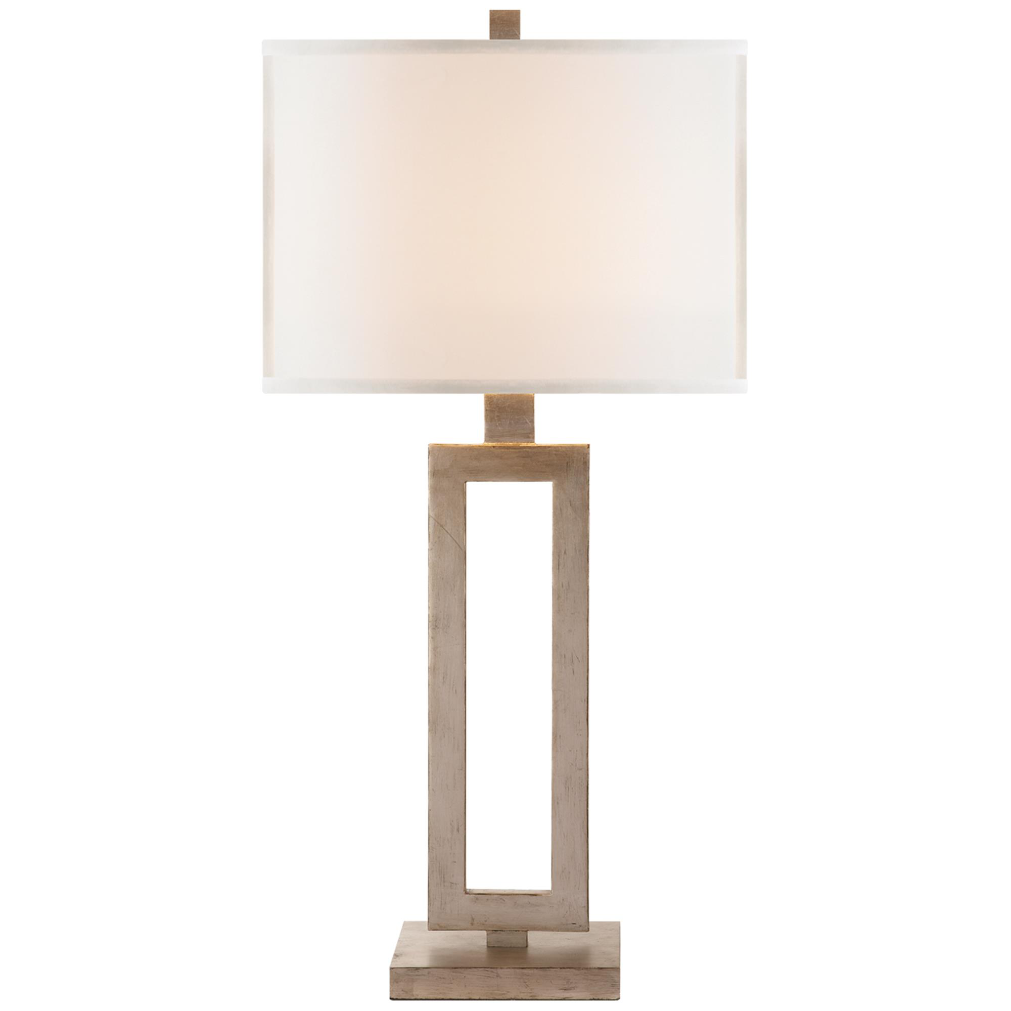 Shown in Burnished Silver Leaf finish and Linen Rectangle shade