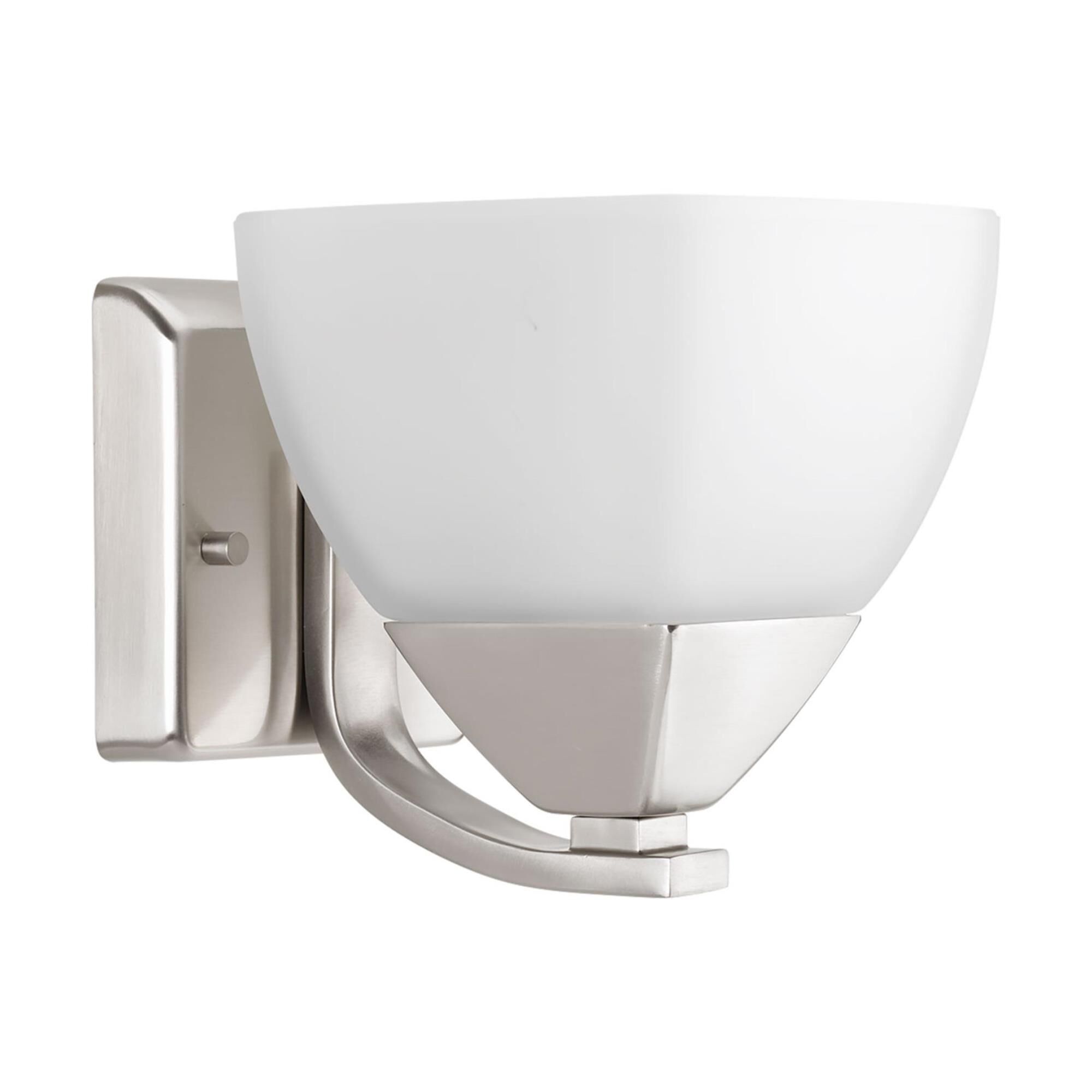 Shown in Brushed Nickel finish and Etched White glass