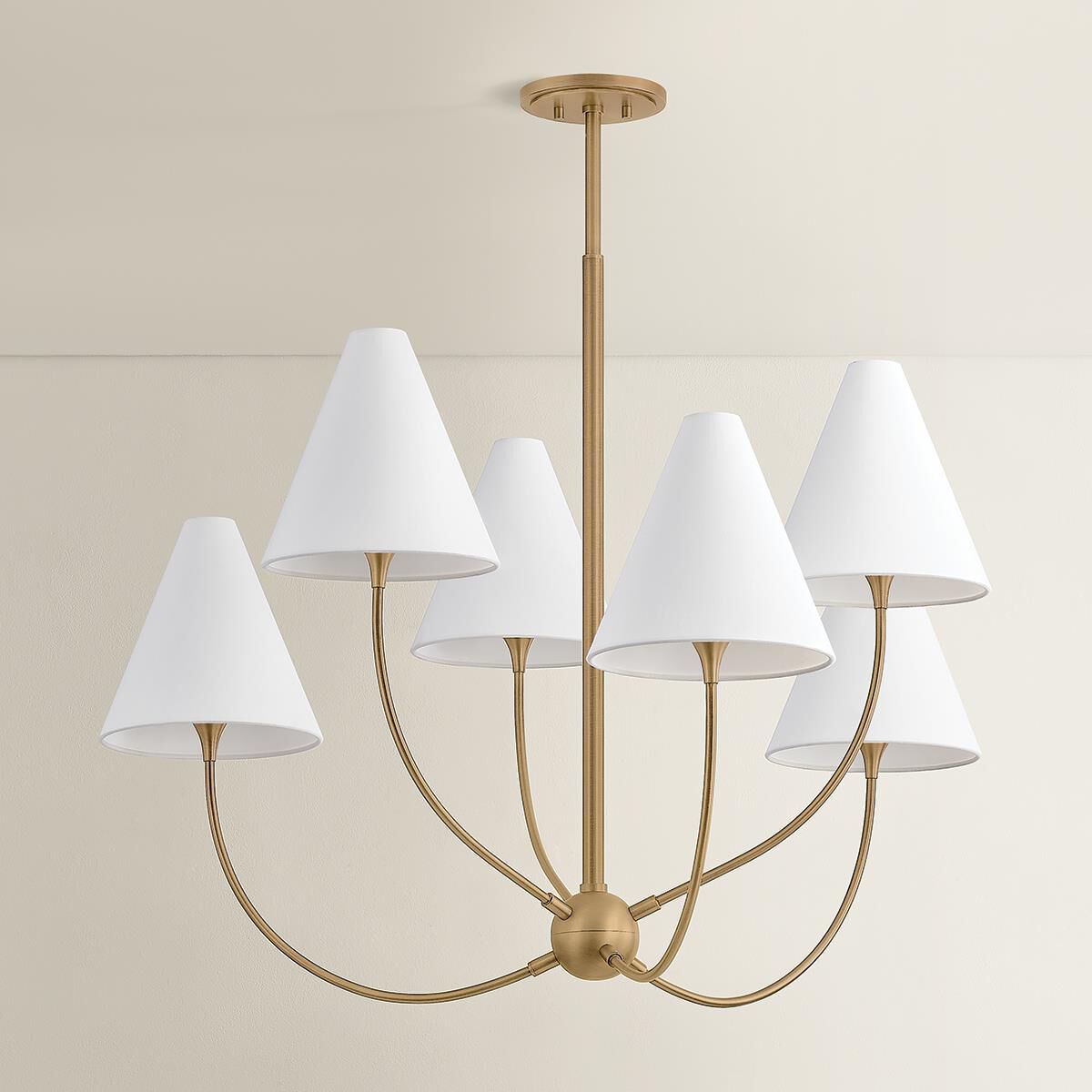 Shown in Patina Brass finish and Off White Linen shade