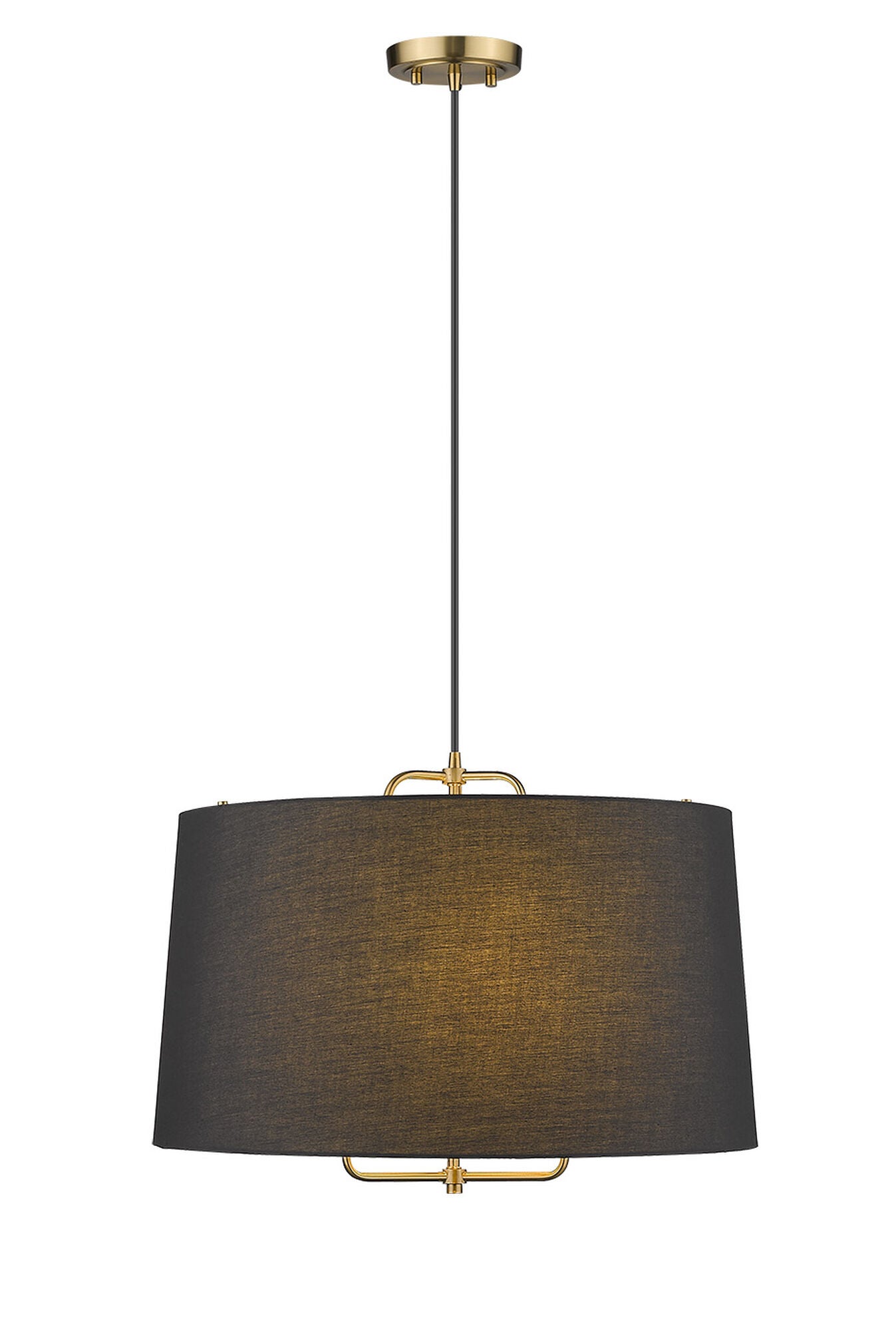 Shown in Gold finish and Matte Black glass and Black Hardback Linen Drum shade