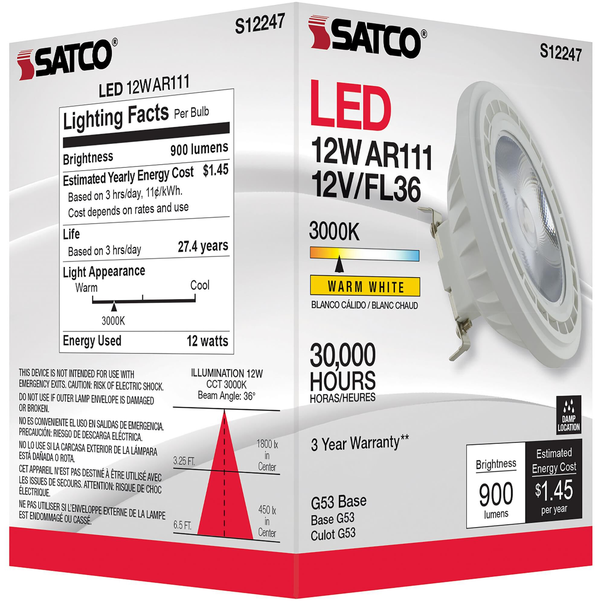 12 Watt 3000K AR111 LED Light Bulb by Satco