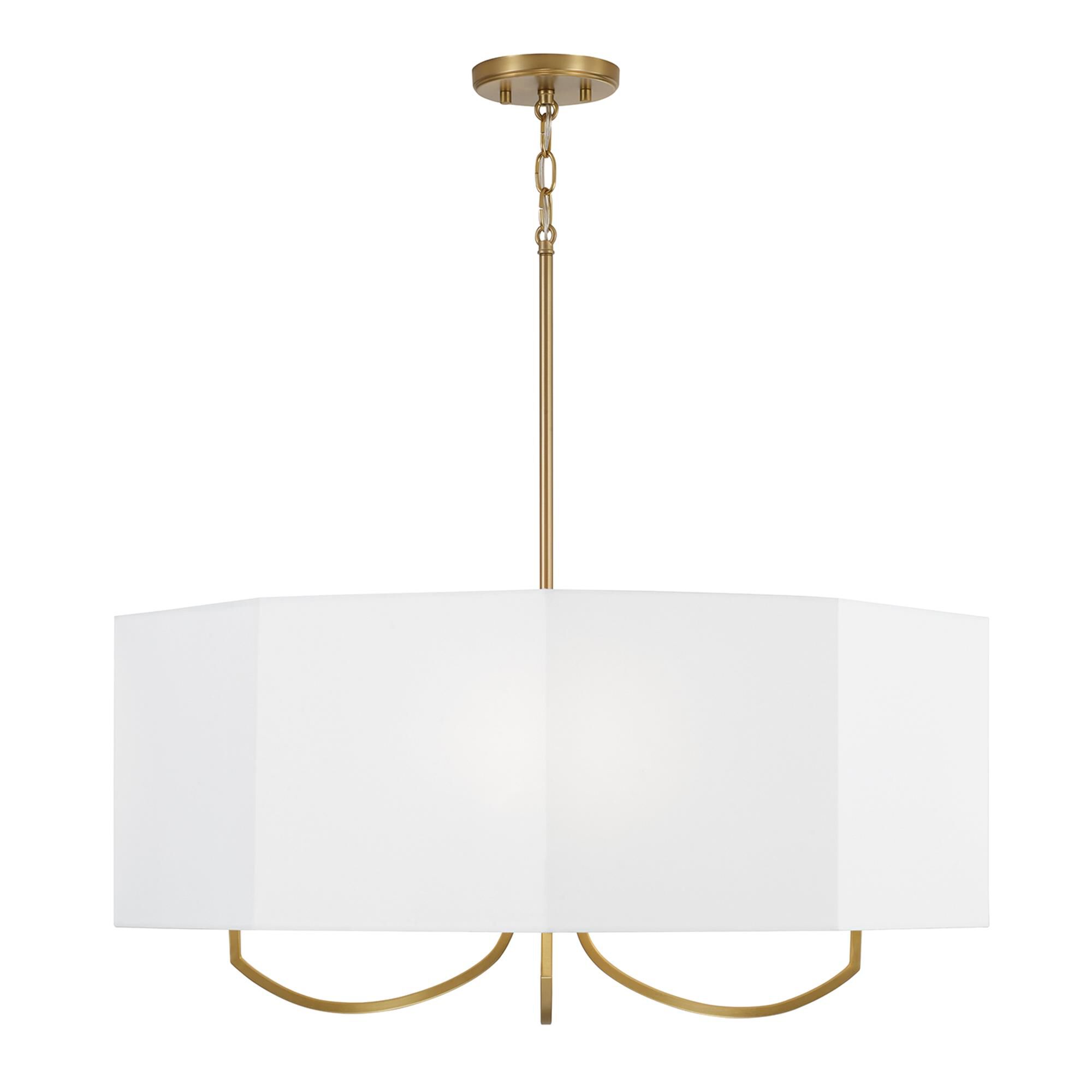Shown in Aged Brass finish and White Fabric Octagonal shade