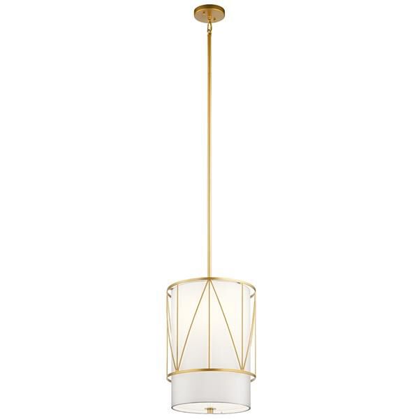 Shown in Classic Gold finish and Satin Etched glass and White Fabric shade