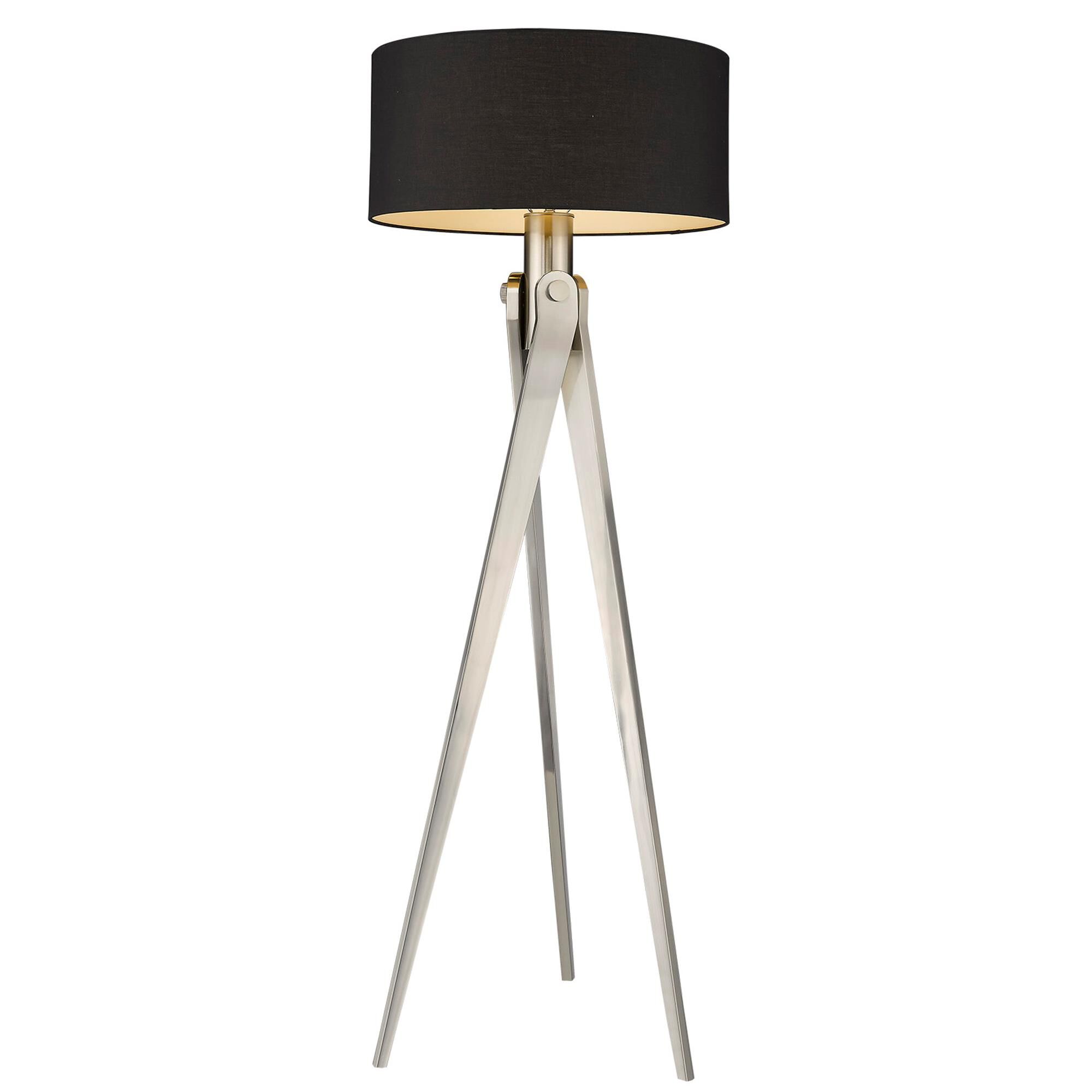 Shown in Satin Nickel finish and Black glass and Black Hardback Fabric Drum  W/ White Interior shade