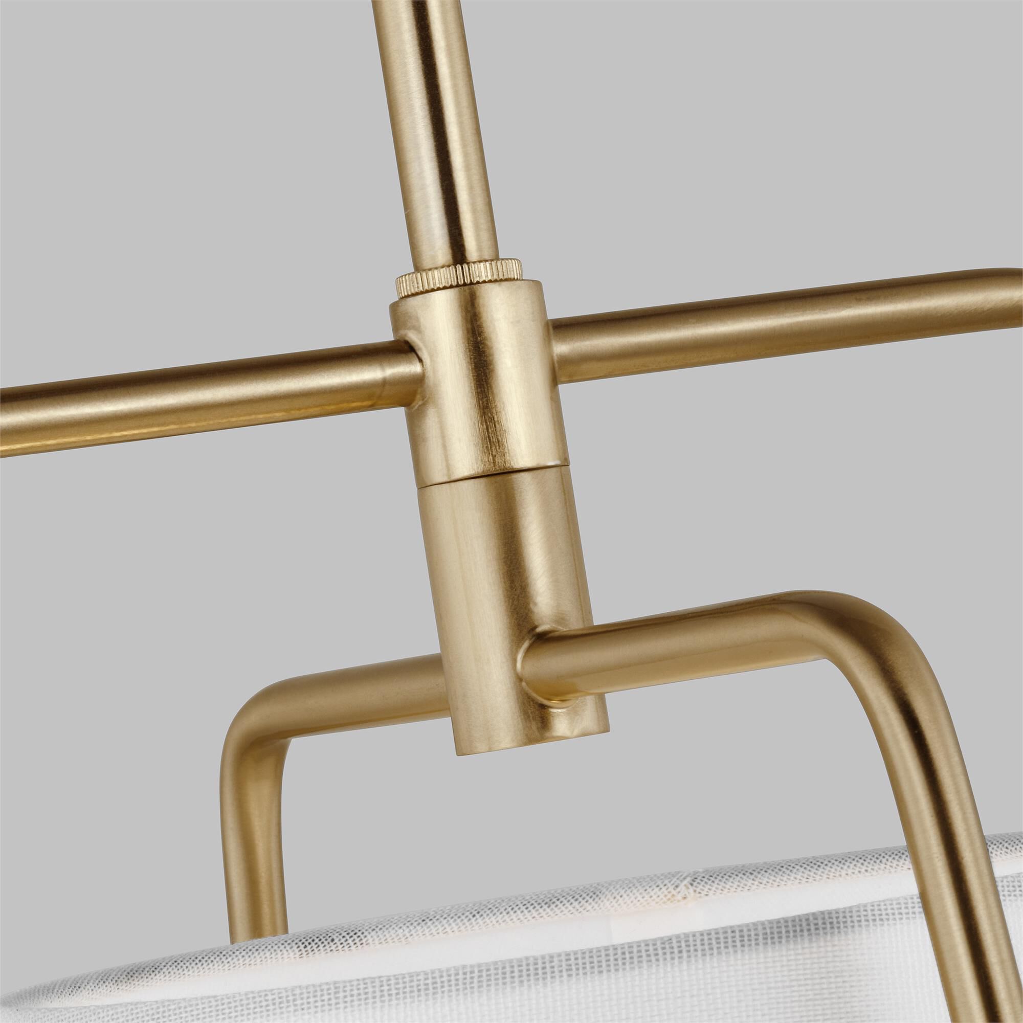 Shown in Satin Brass finish and White Linen glass and White Linen Fabric shade