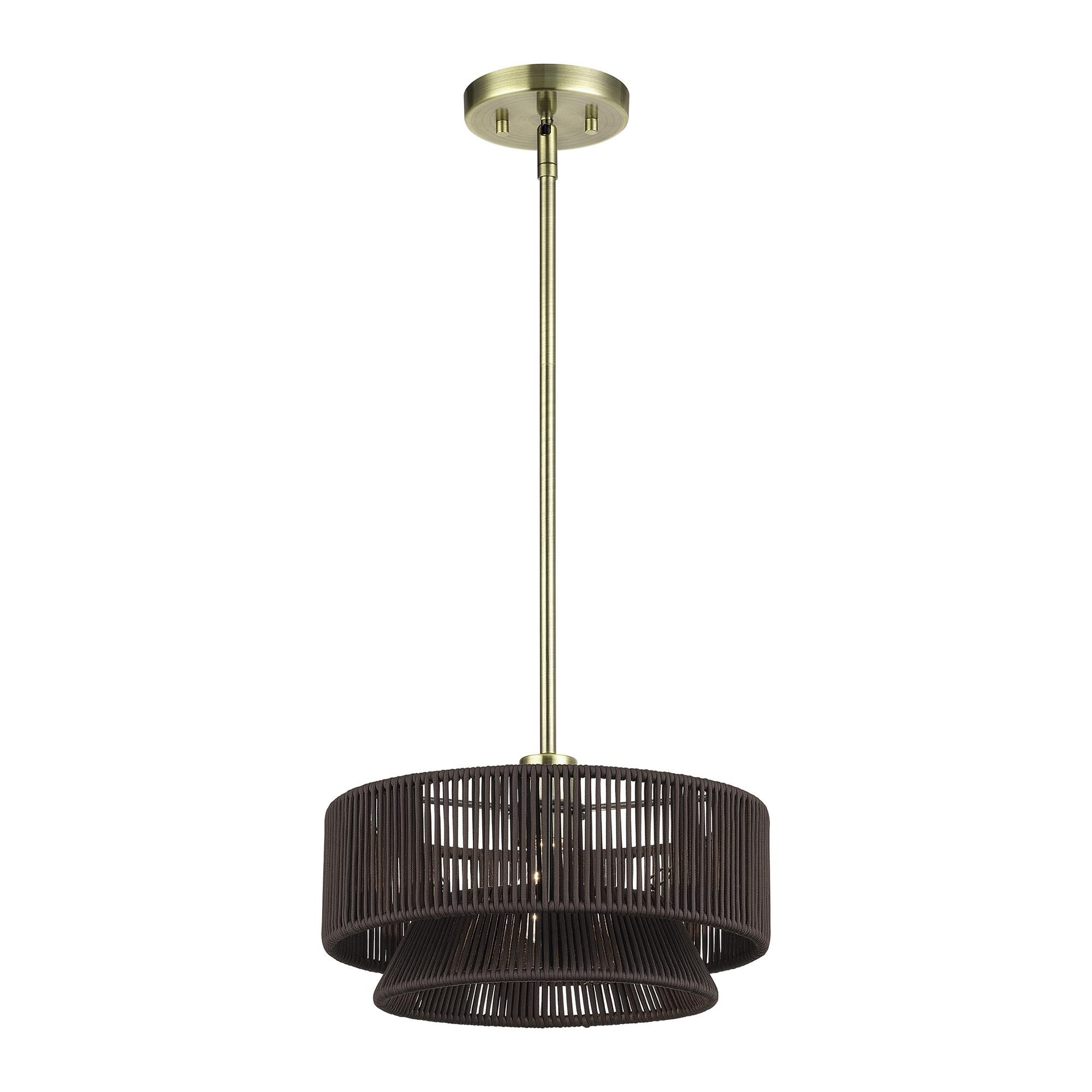 Shown in Antique Brass finish and Hand-Woven Dark Chocolate Color Polyester Rope shade