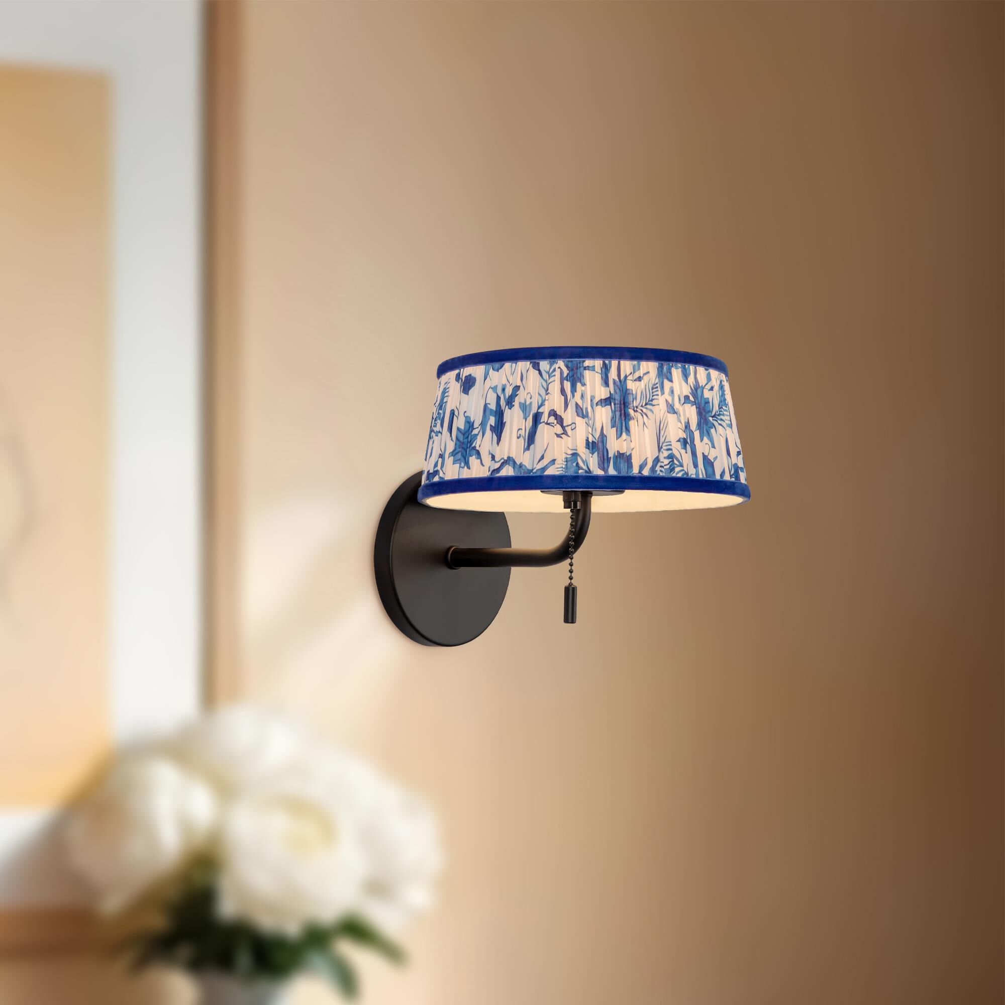 Shown in Matte Black finish and Blue Linen shade