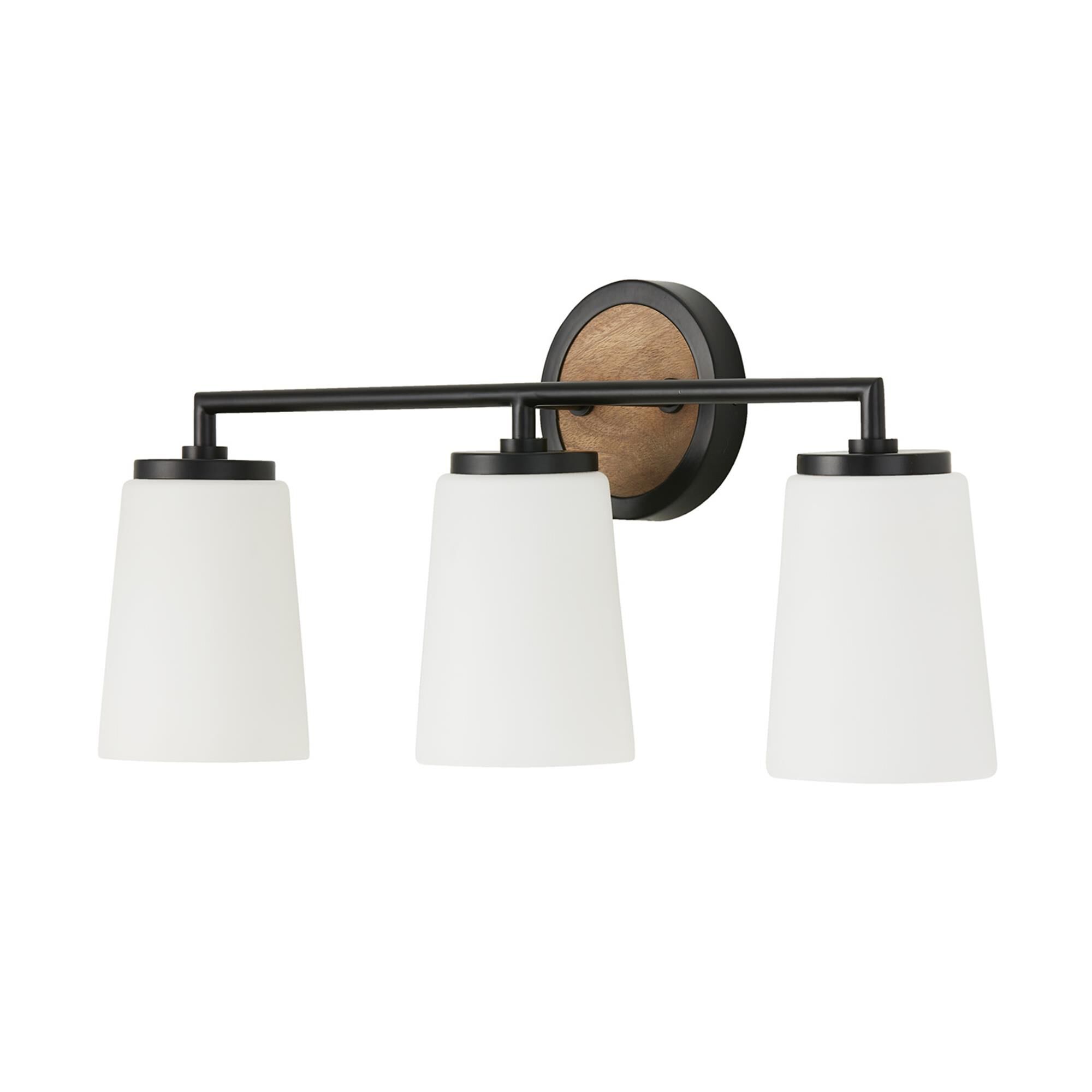 Shown in Light Wood And Matte Black finish and Soft White glass