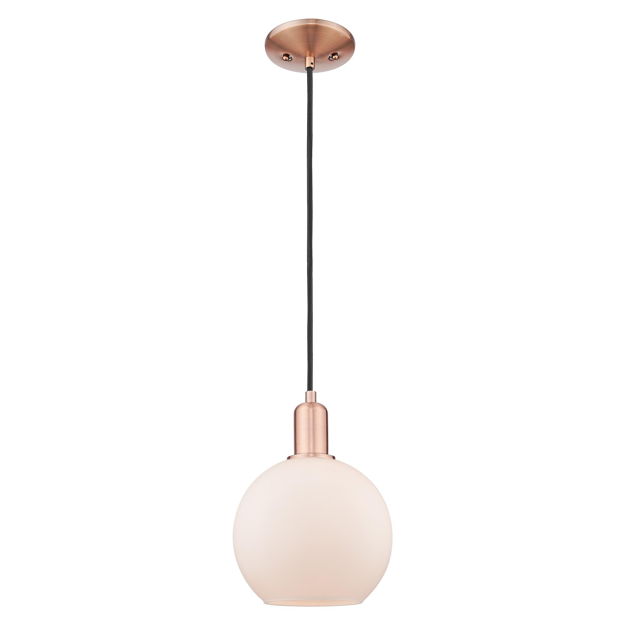 Shown in Antique Copper finish and Matte White glass
