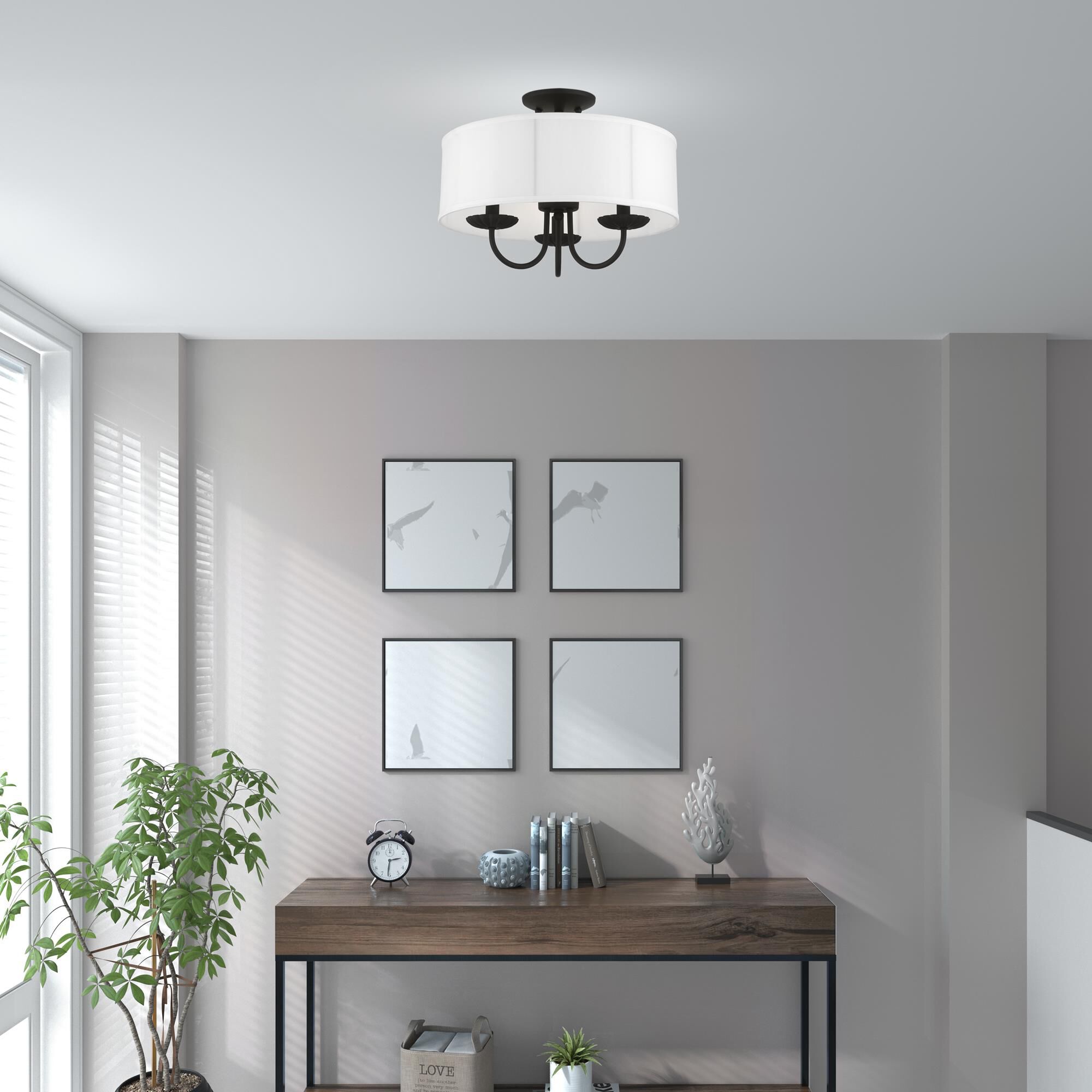 Shown in Black finish and Off-White Fabric Hardback with White Fabric Inside shade