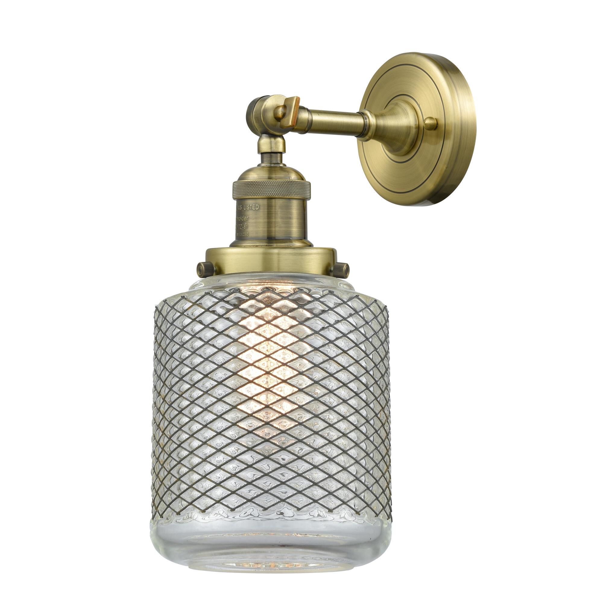 Shown in Antique Brass finish and Clear Wire Mesh glass and No Accent accent
