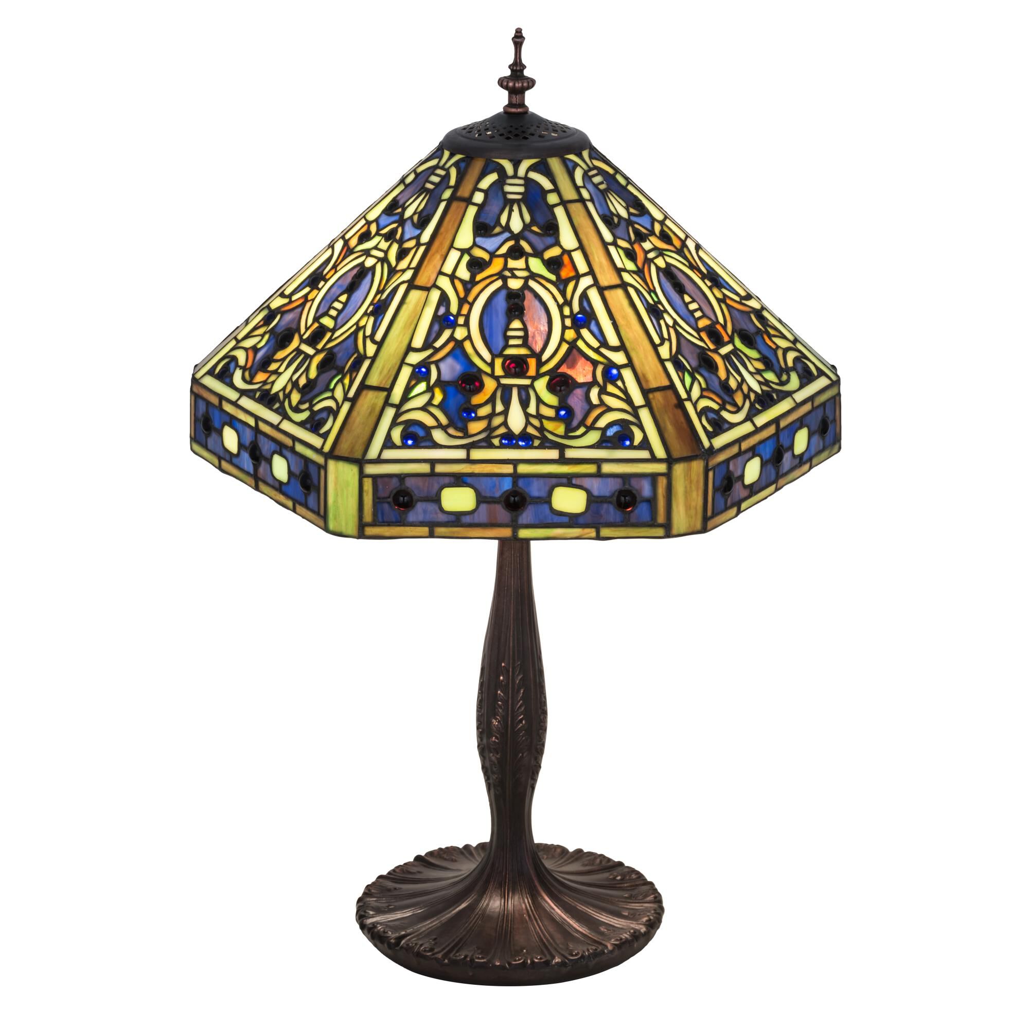 Shown in Mahogany Bronze finish and Moss Green-Cobalt Blue-Amber-Amethyst glass