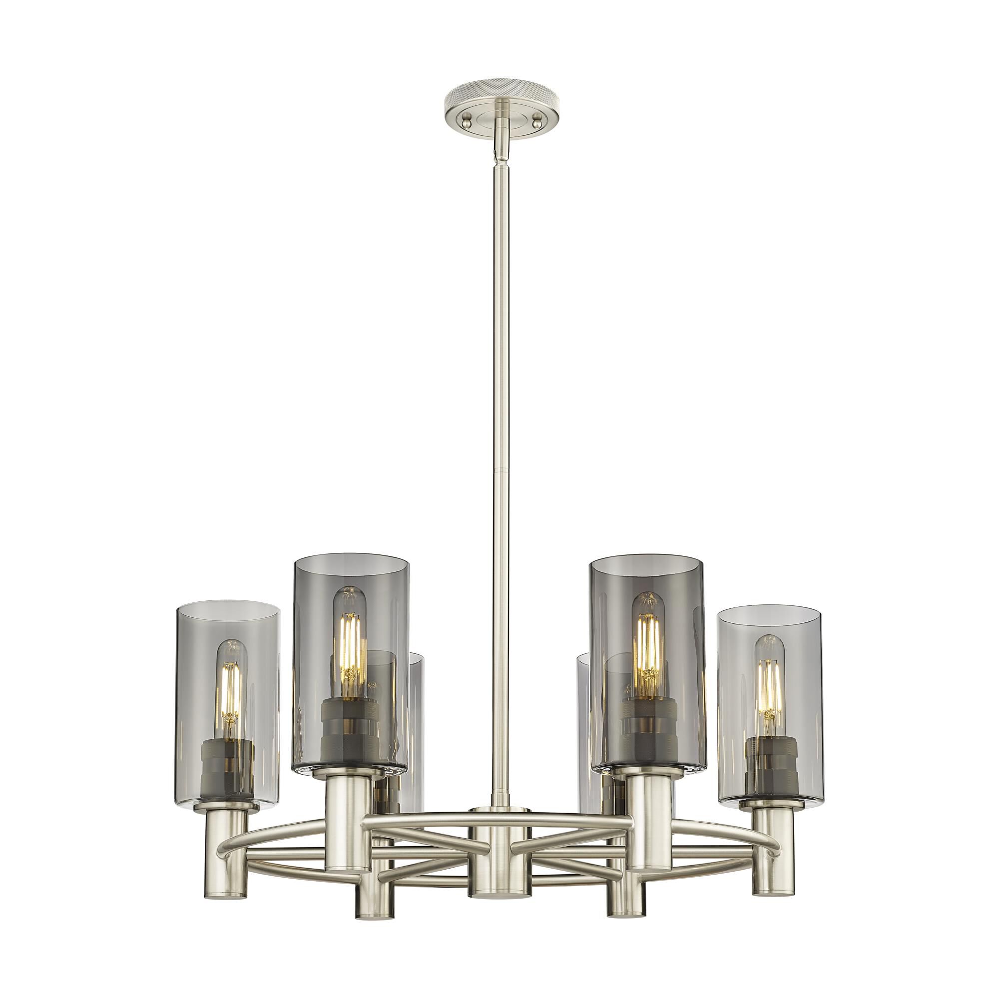 Shown in Satin Nickel finish and Plated Smoke glass and Plated Smoke Glass shade
