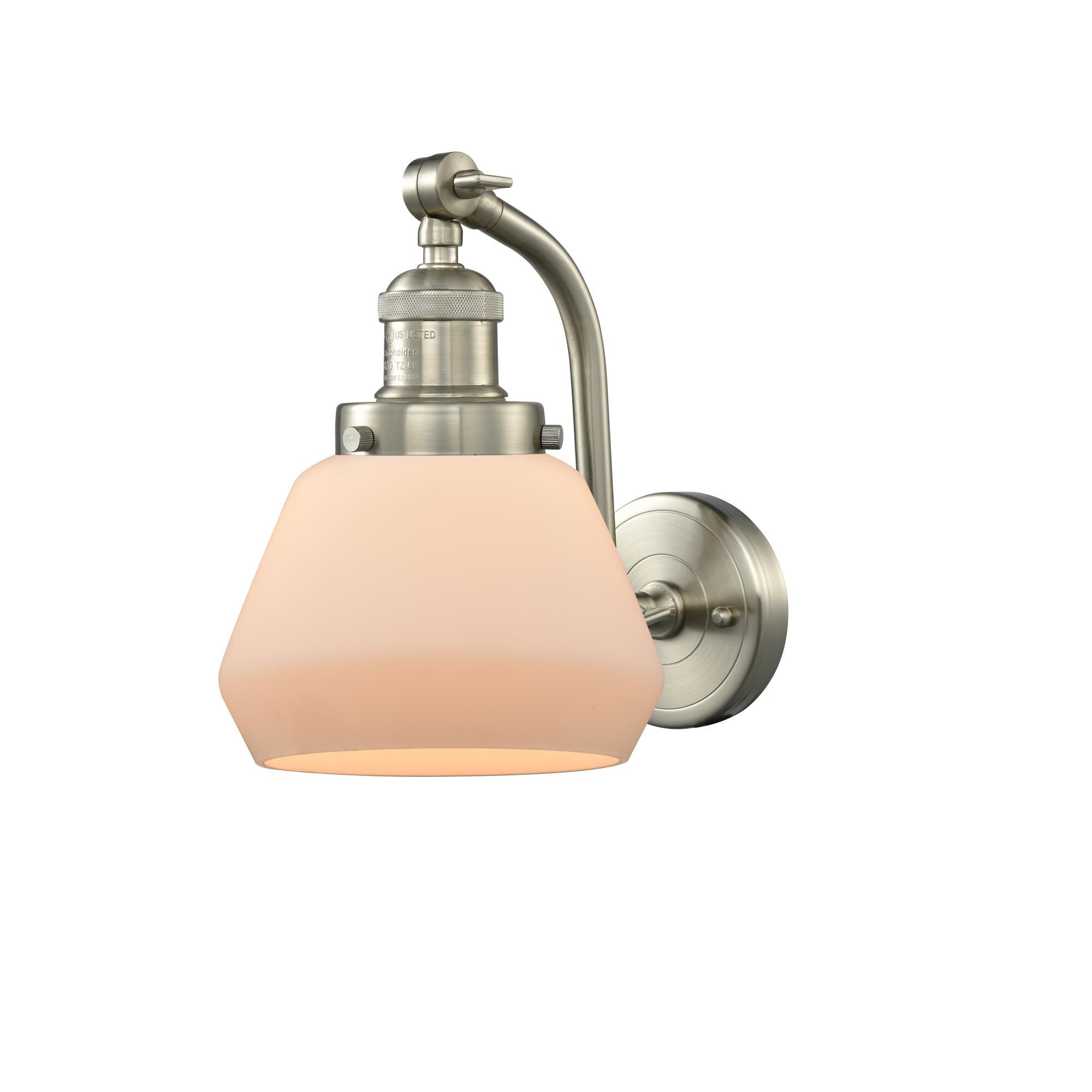 Shown in Brushed Satin Nickel finish and Matte White Cased glass