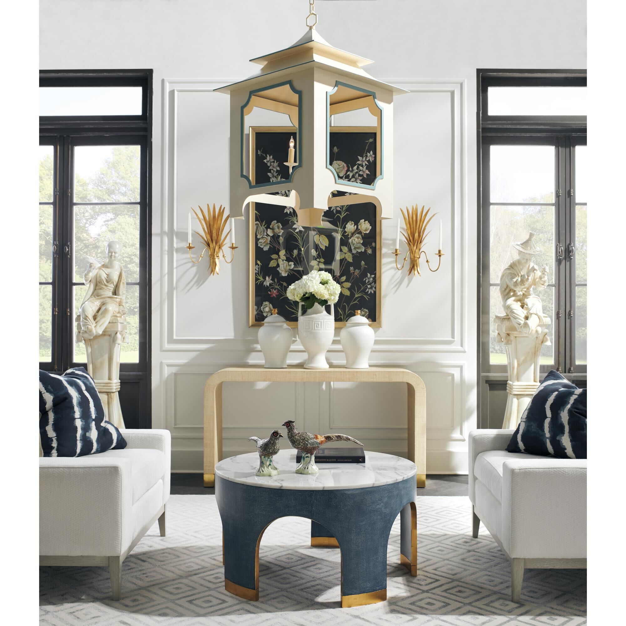 Shown in Natural White/Blue/Antique Gold Leaf finish