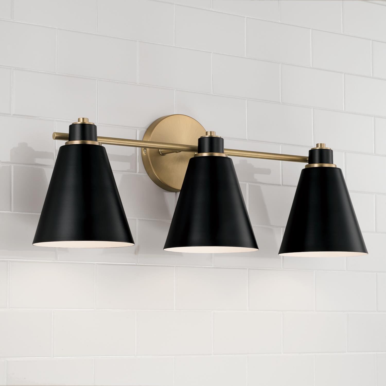 Shown in Aged Brass and Black finish and Black Metal  with White Interior shade