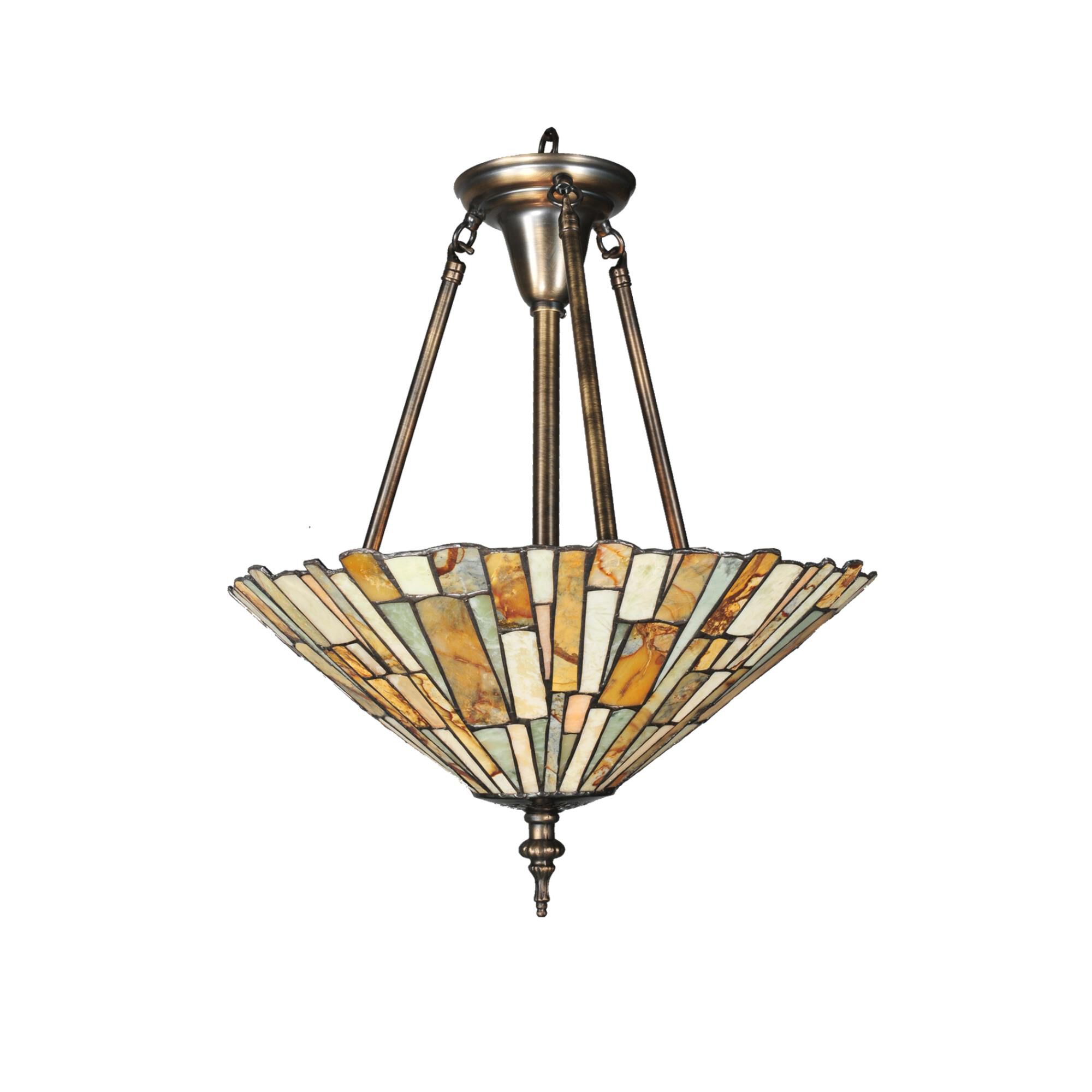 Shown in Antique Finish finish and Moss Green-Tan-Ivory-Coral glass