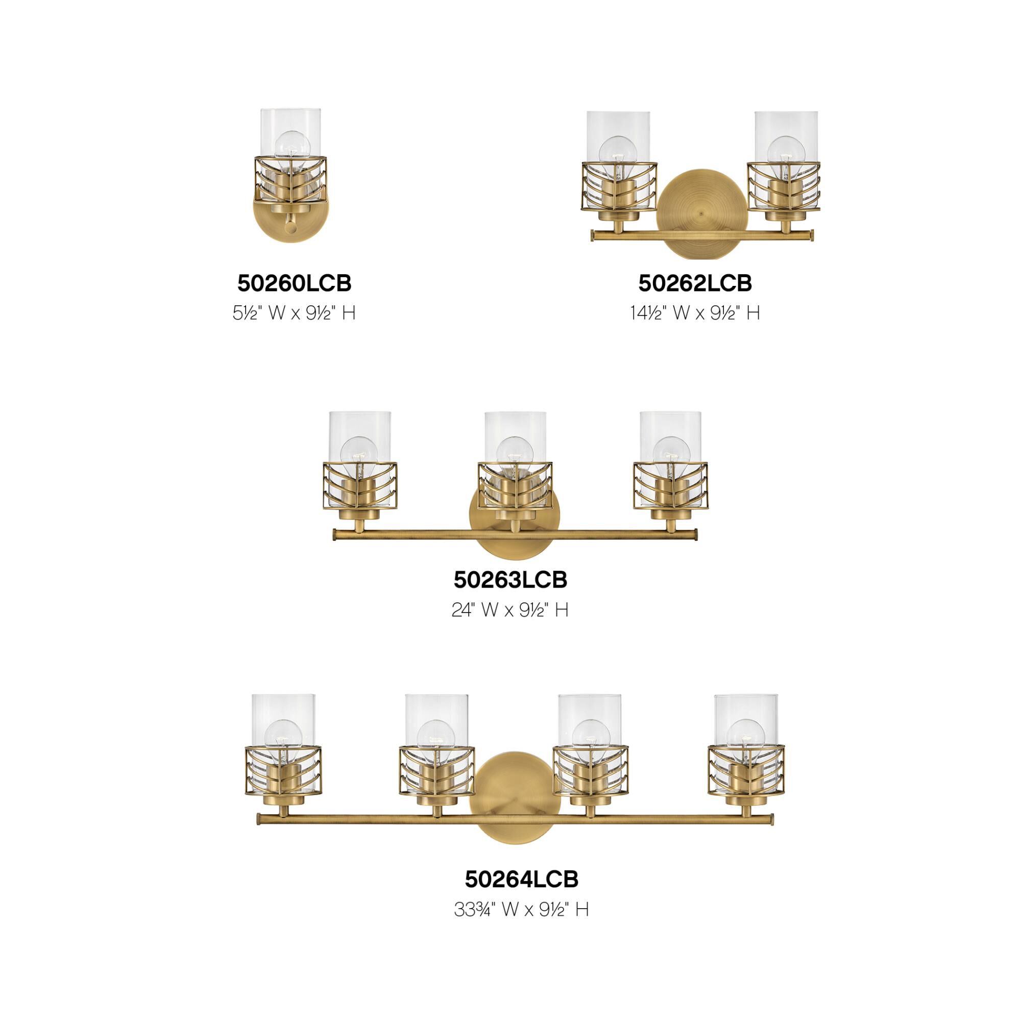 Shown in Lacquered Brass finish and Clear glass