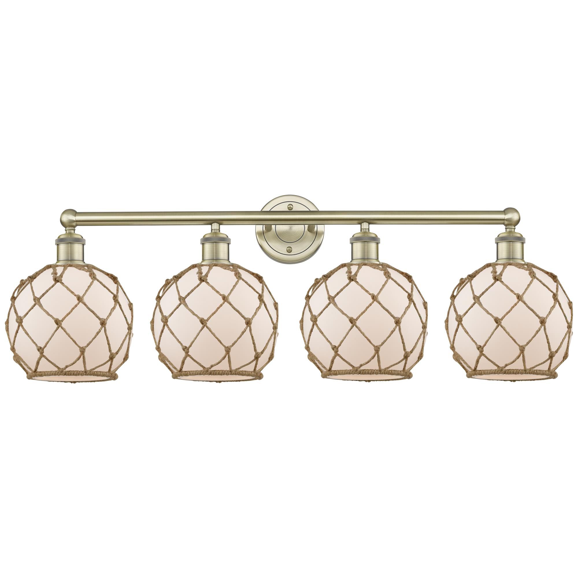 Shown in Antique Brass finish and White with Brown Rope glass