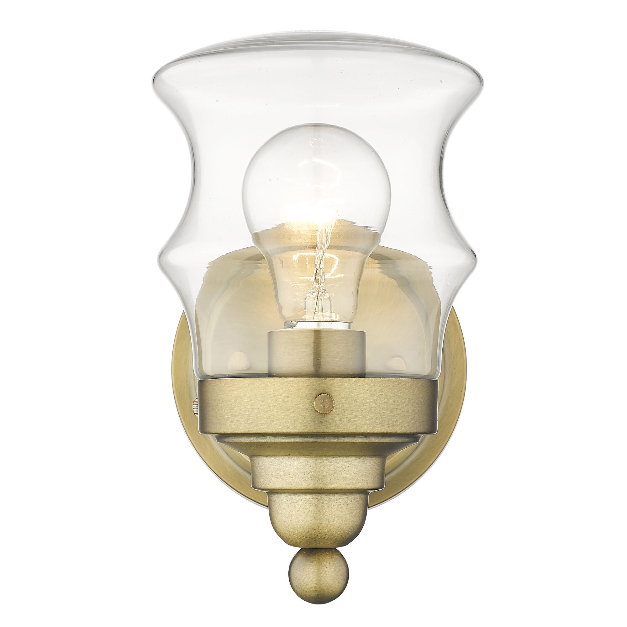 Shown in Antique Brass finish and Clear Glass shade