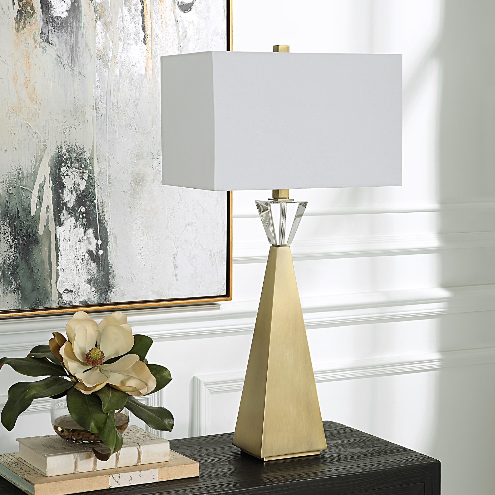 Shown in Contemporary In Design Yet Elegant In Style, This Table Lamp Features A Tapered Iron Base Finish In  finish and Rectangle Drum shade