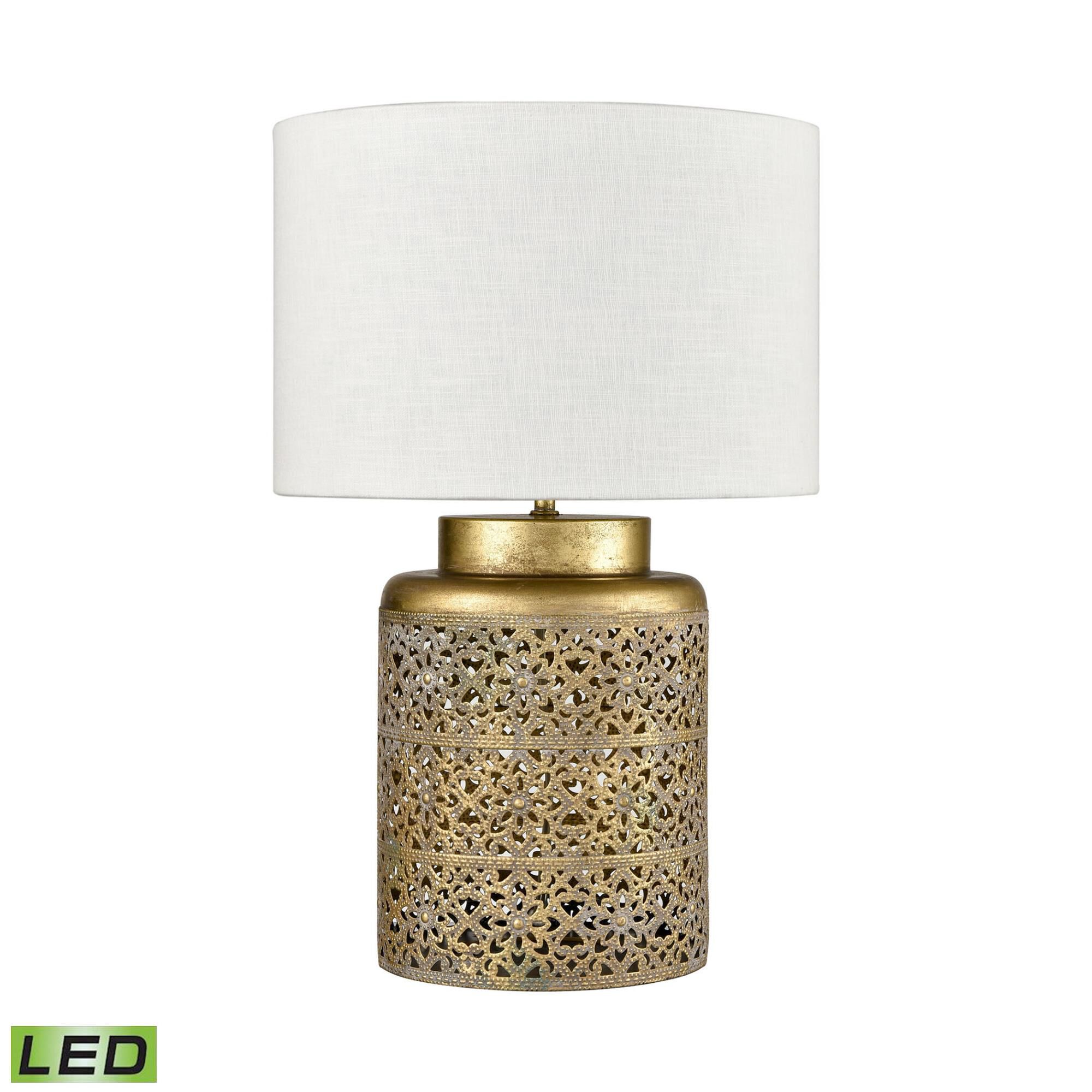 Shown in Antique Gold finish and Off White Textured Linen Drum shade