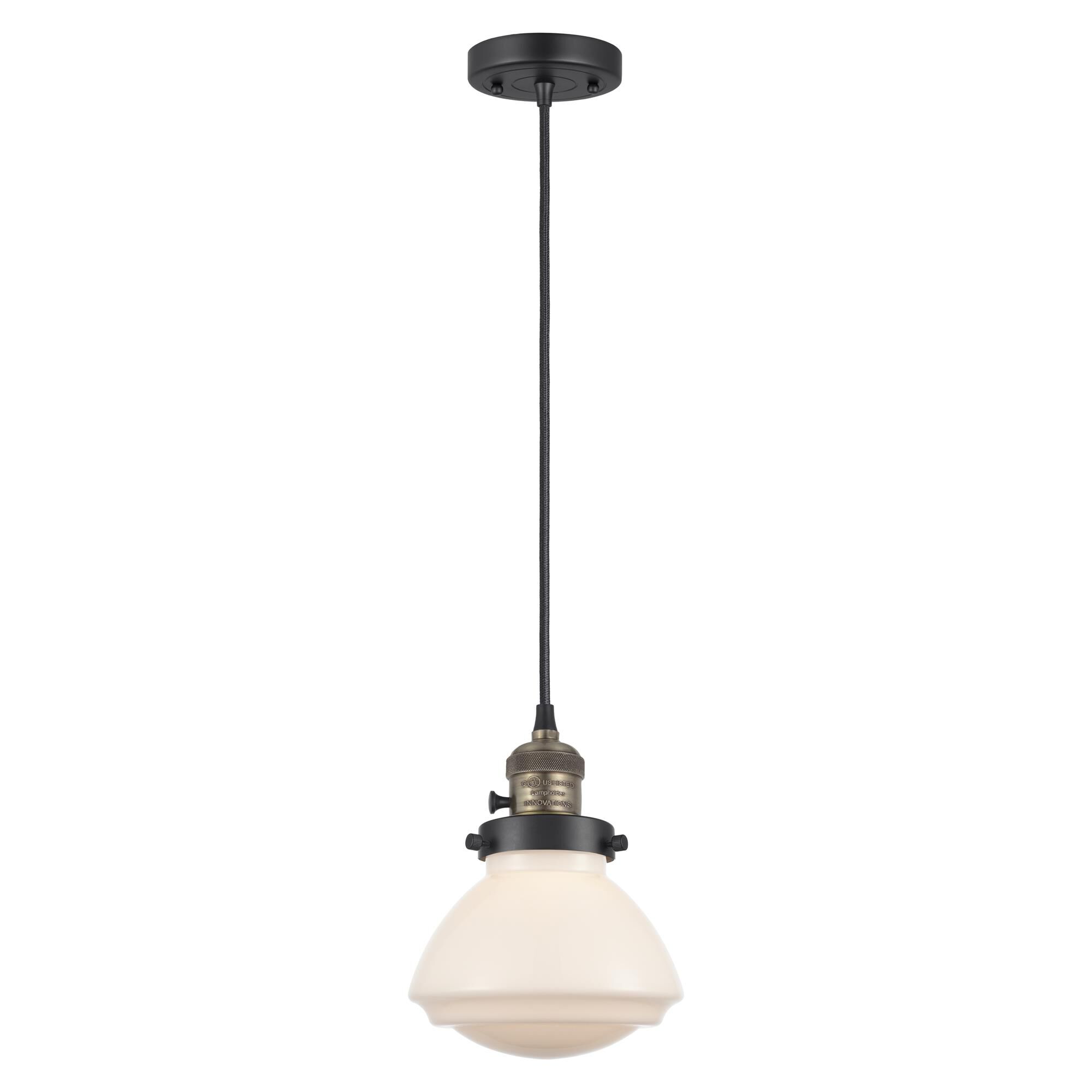 Shown in Black Antique Brass finish and Matte White glass