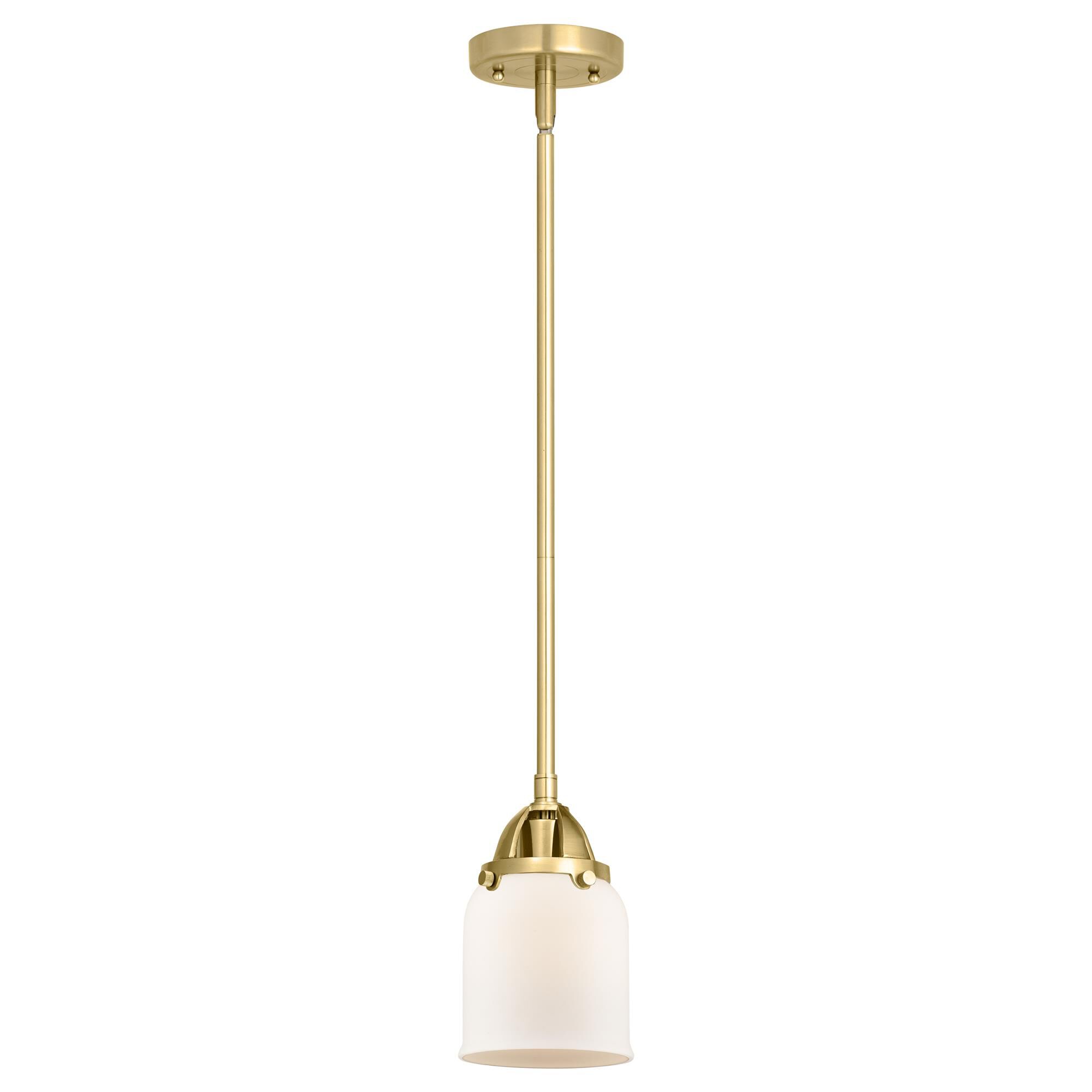 Shown in Satin Gold finish and Matte White Cased Small Bell glass and No Shade shade