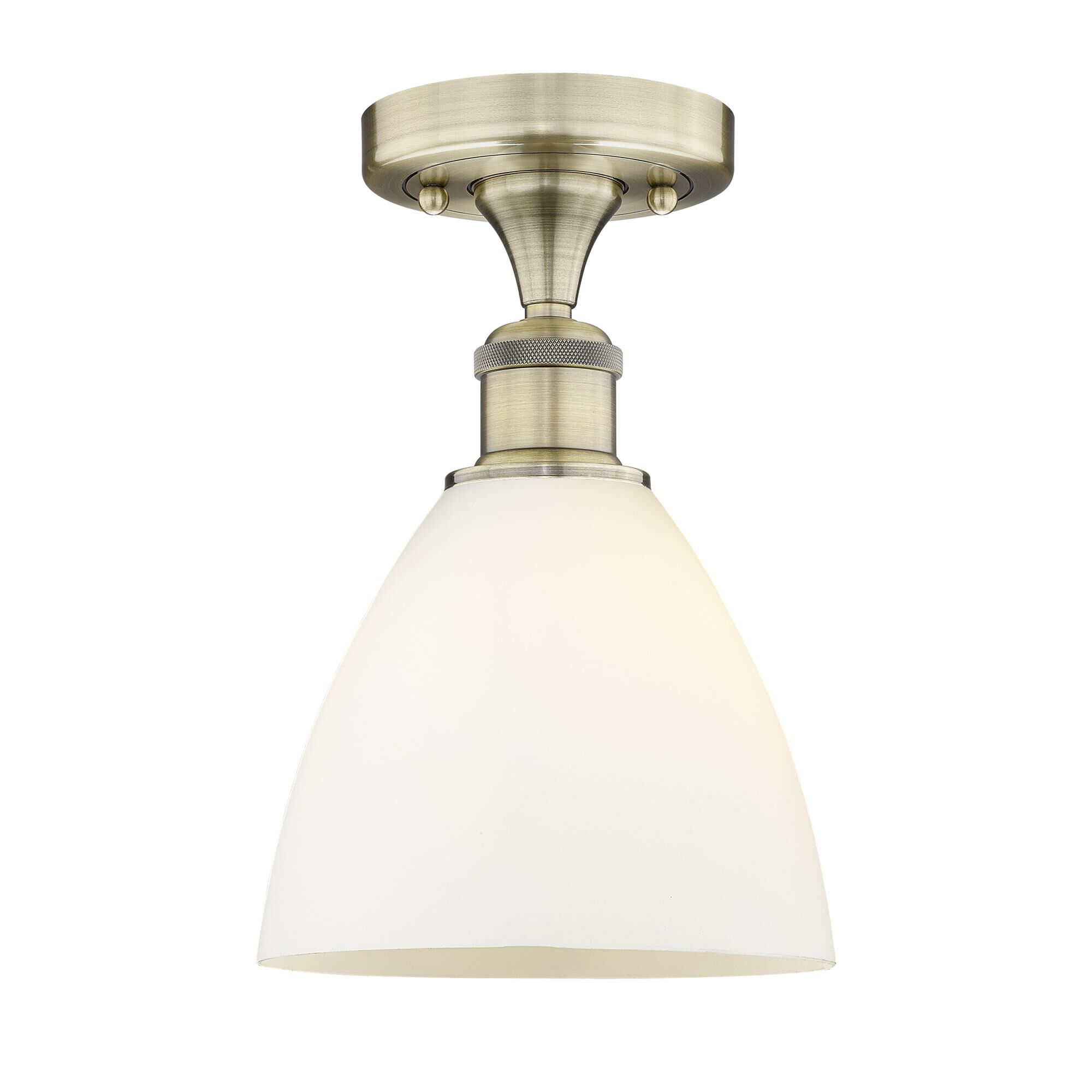 Shown in Antique Brass finish and Matte White glass